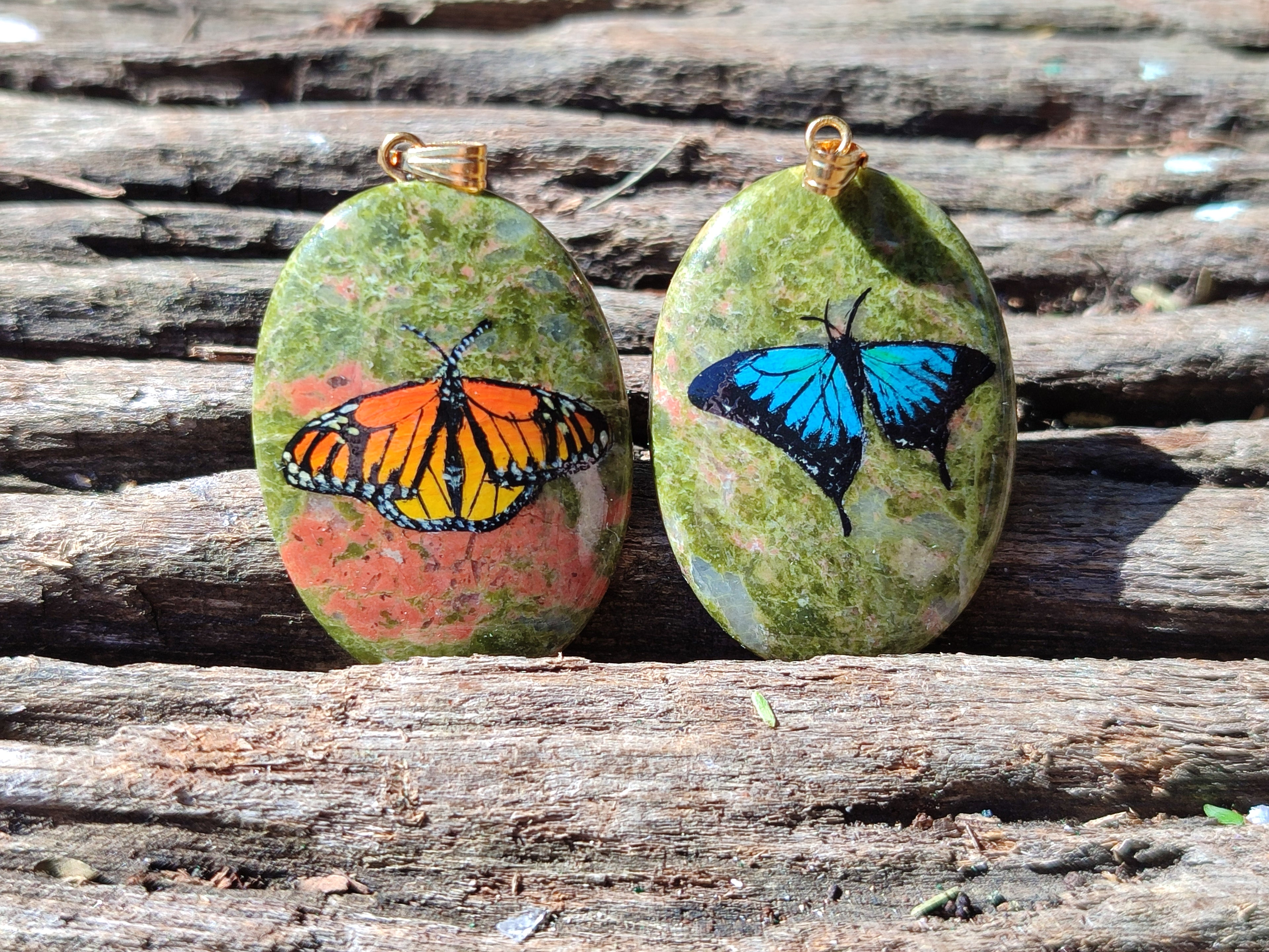 Polished Unakite Pendant with Hand Painted Butterfly - Sold Per Item - From South Africa - Toprock Gemstones and Minerals 