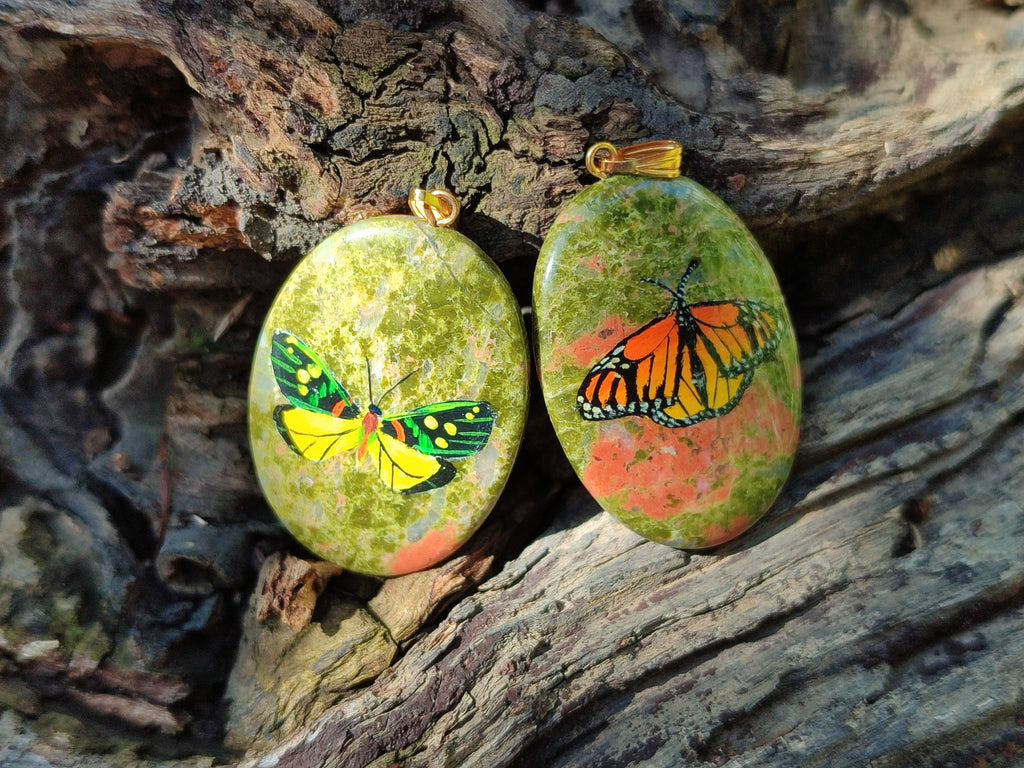 Polished Unakite Pendant with Hand Painted Butterfly - Sold Per Item - From South Africa - Toprock Gemstones and Minerals 