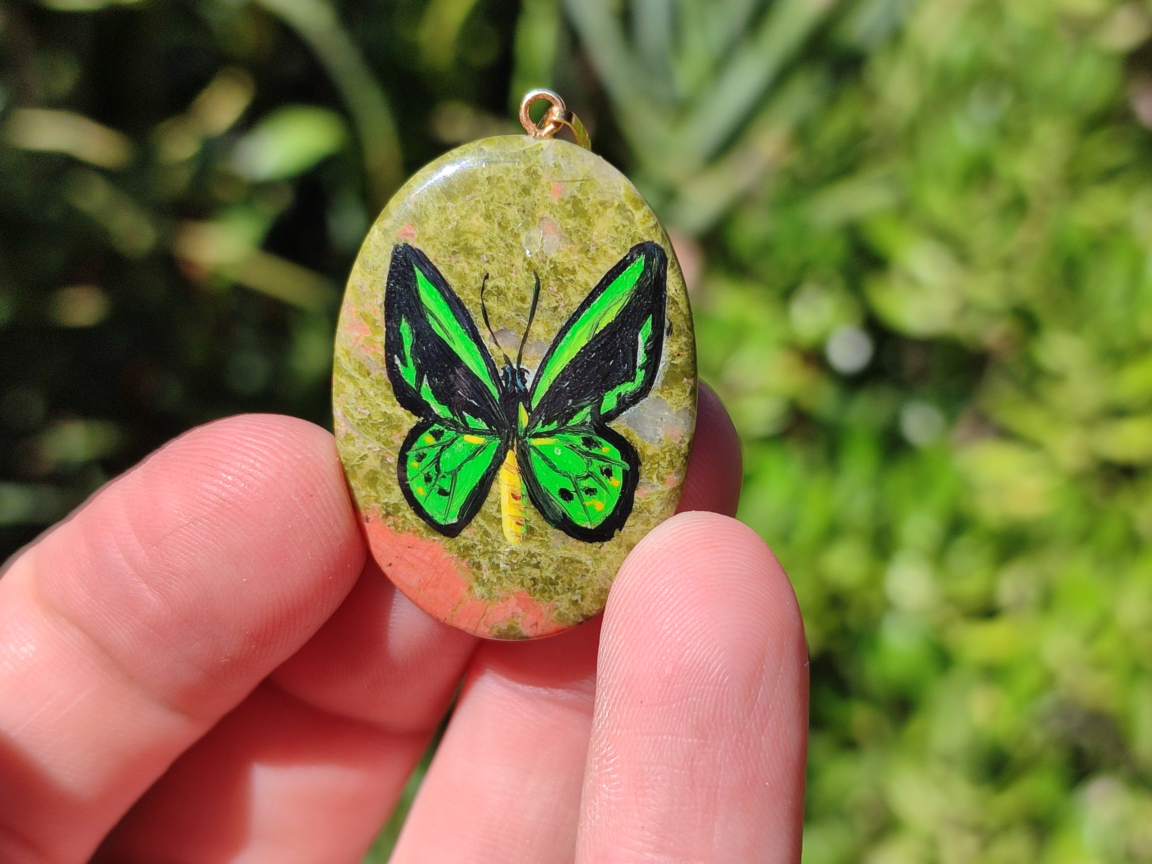 Polished Unakite Pendant with Hand Painted Butterfly - Sold Per Item - From South Africa - Toprock Gemstones and Minerals 