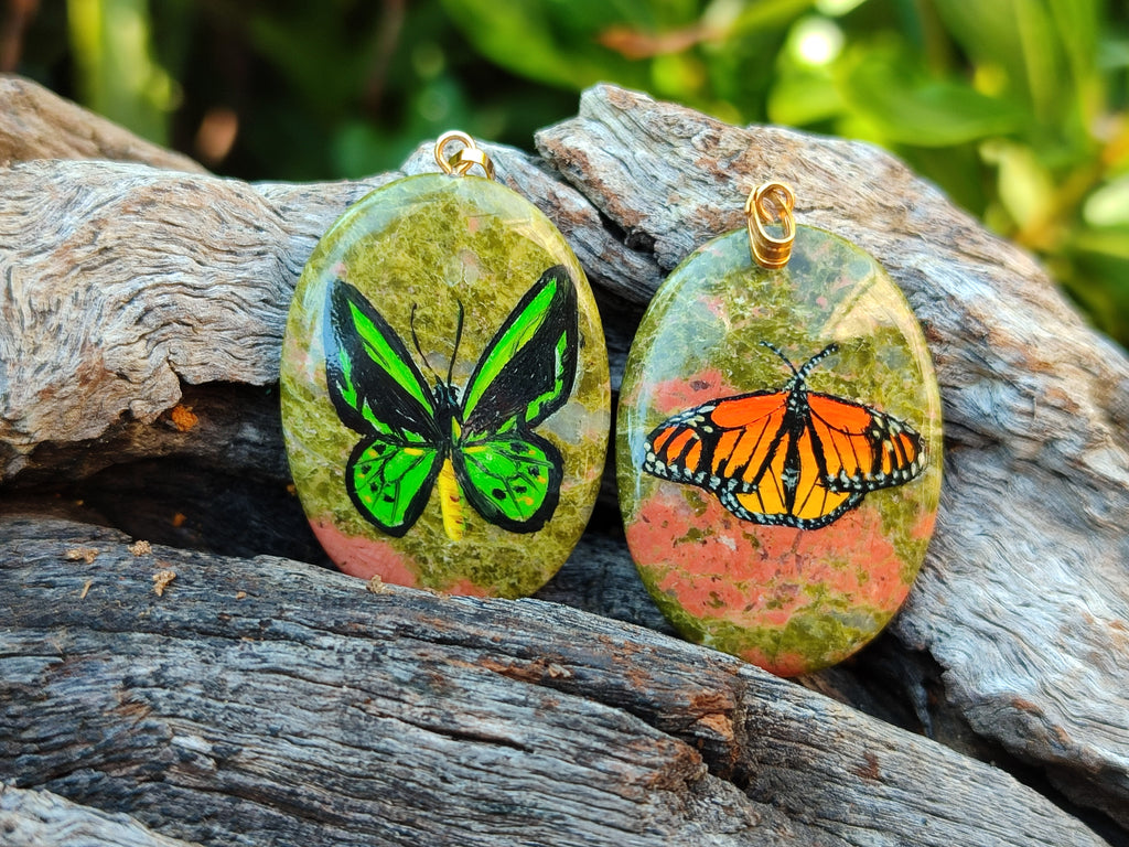 Polished Unakite Pendant with Hand Painted Butterfly - Sold Per Item - From South Africa - Toprock Gemstones and Minerals 