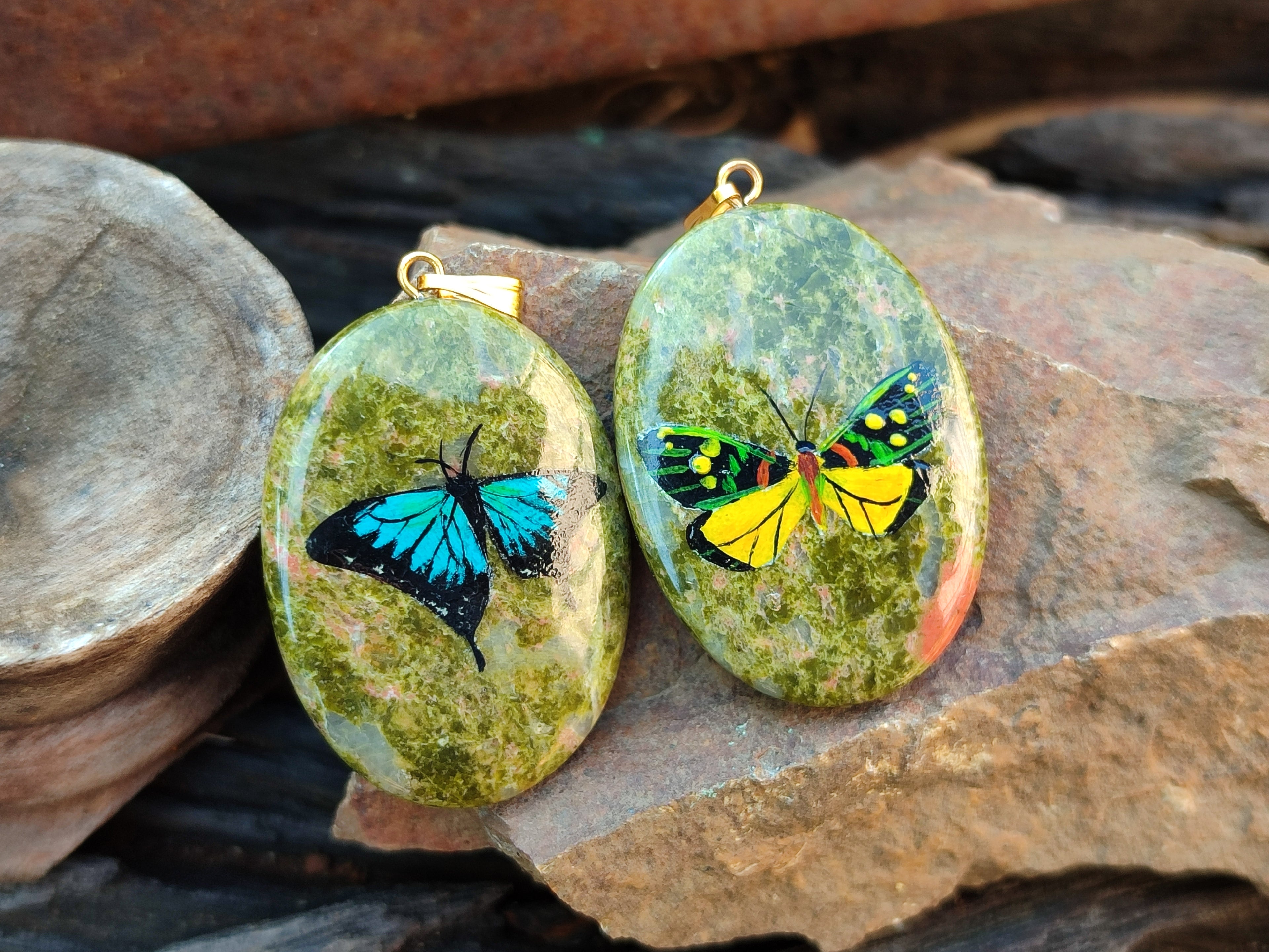 Polished Unakite Pendant with Hand Painted Butterfly - Sold Per Item - From South Africa - Toprock Gemstones and Minerals 