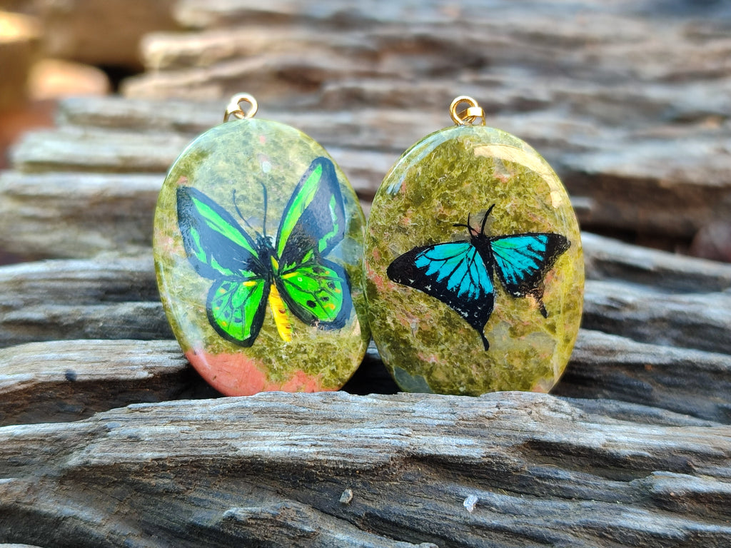 Polished Unakite Pendant with Hand Painted Butterfly - Sold Per Item - From South Africa - Toprock Gemstones and Minerals 