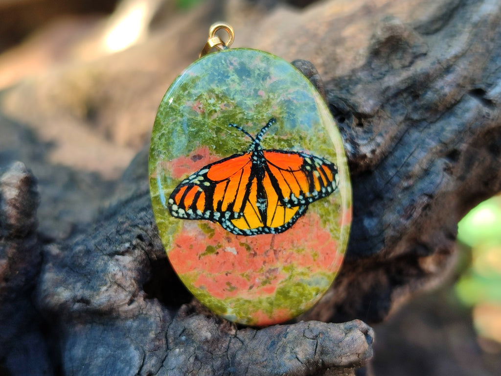Polished Unakite Pendant with Hand Painted Butterfly - Sold Per Item - From South Africa - Toprock Gemstones and Minerals 