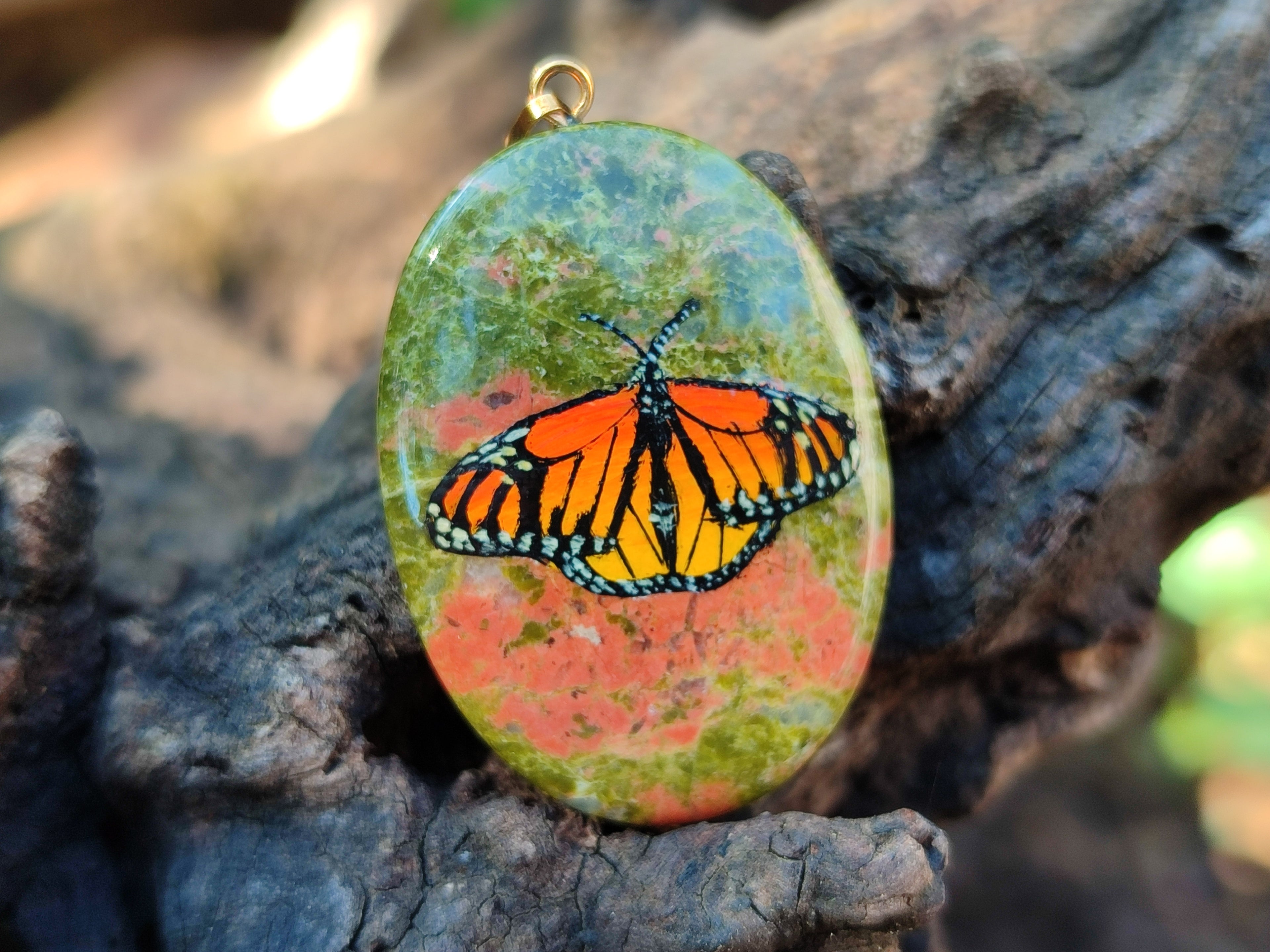 Polished Unakite Pendant with Hand Painted Butterfly - Sold Per Item - From South Africa - Toprock Gemstones and Minerals 