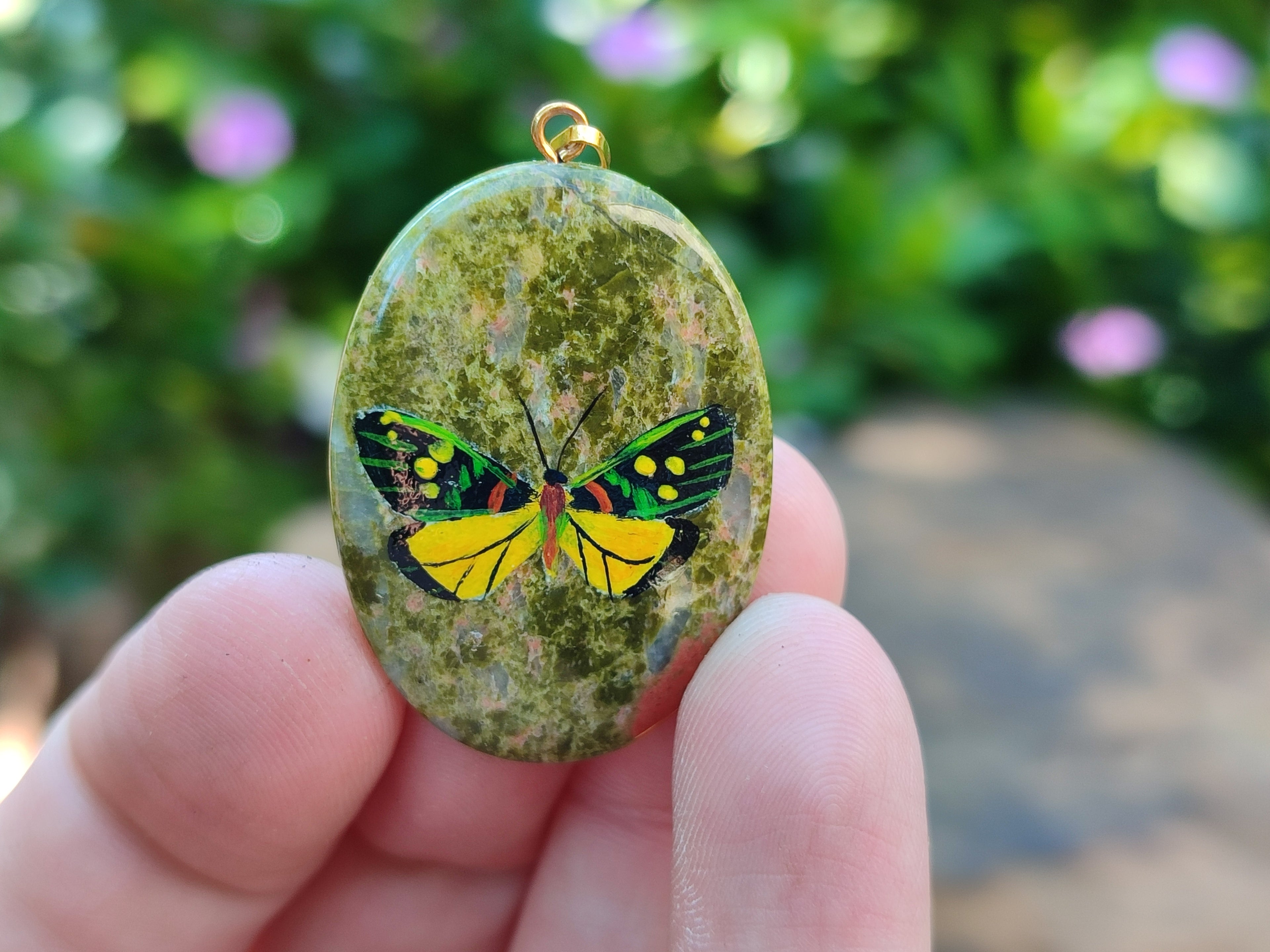 Polished Unakite Pendant with Hand Painted Butterfly - Sold Per Item - From South Africa - Toprock Gemstones and Minerals 