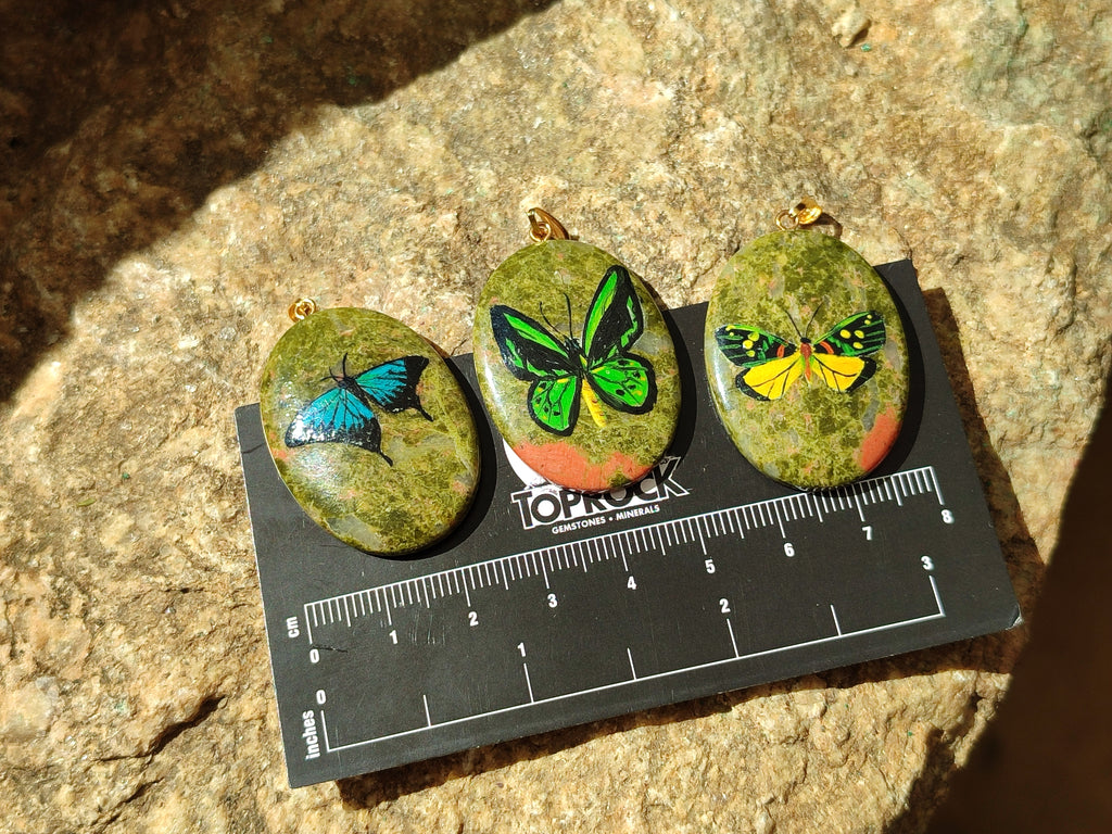 Polished Unakite Pendant with Hand Painted Butterfly - Sold Per Item - From South Africa - Toprock Gemstones and Minerals 