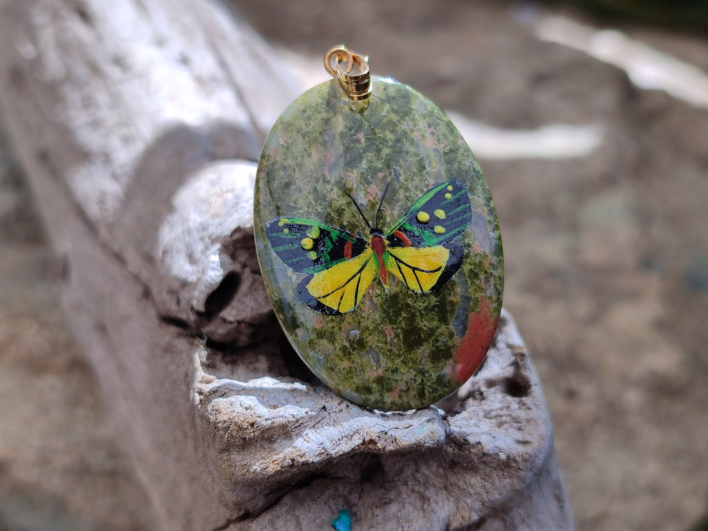 Polished Unakite Pendant with Hand Painted Butterfly - Sold Per Item - From South Africa - Toprock Gemstones and Minerals 