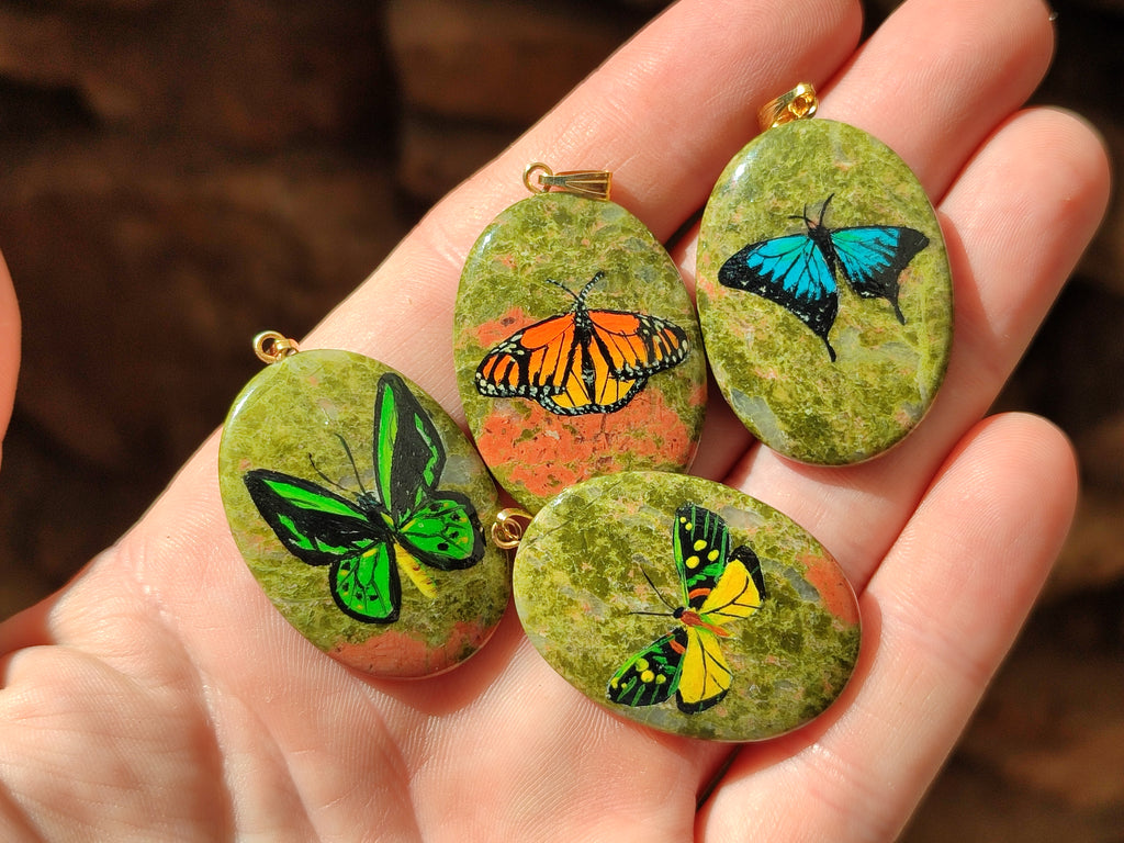 Polished Unakite Pendant with Hand Painted Butterfly - Sold Per Item - From South Africa - Toprock Gemstones and Minerals 