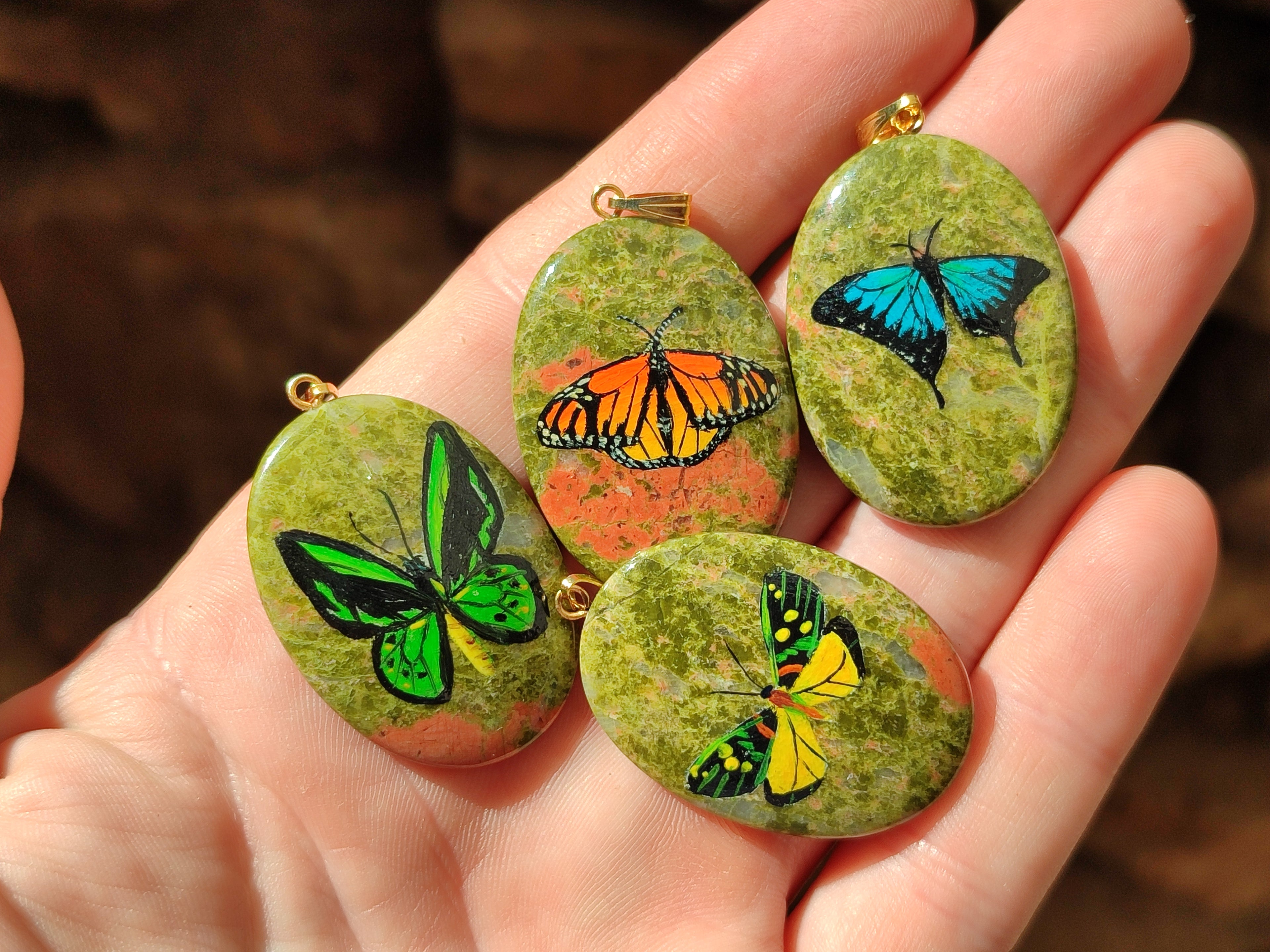 Polished Unakite Pendant with Hand Painted Butterfly - Sold Per Item - From South Africa - Toprock Gemstones and Minerals 