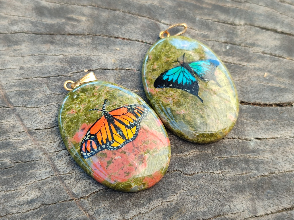 Polished Unakite Pendant with Hand Painted Butterfly - Sold Per Item - From South Africa - Toprock Gemstones and Minerals 