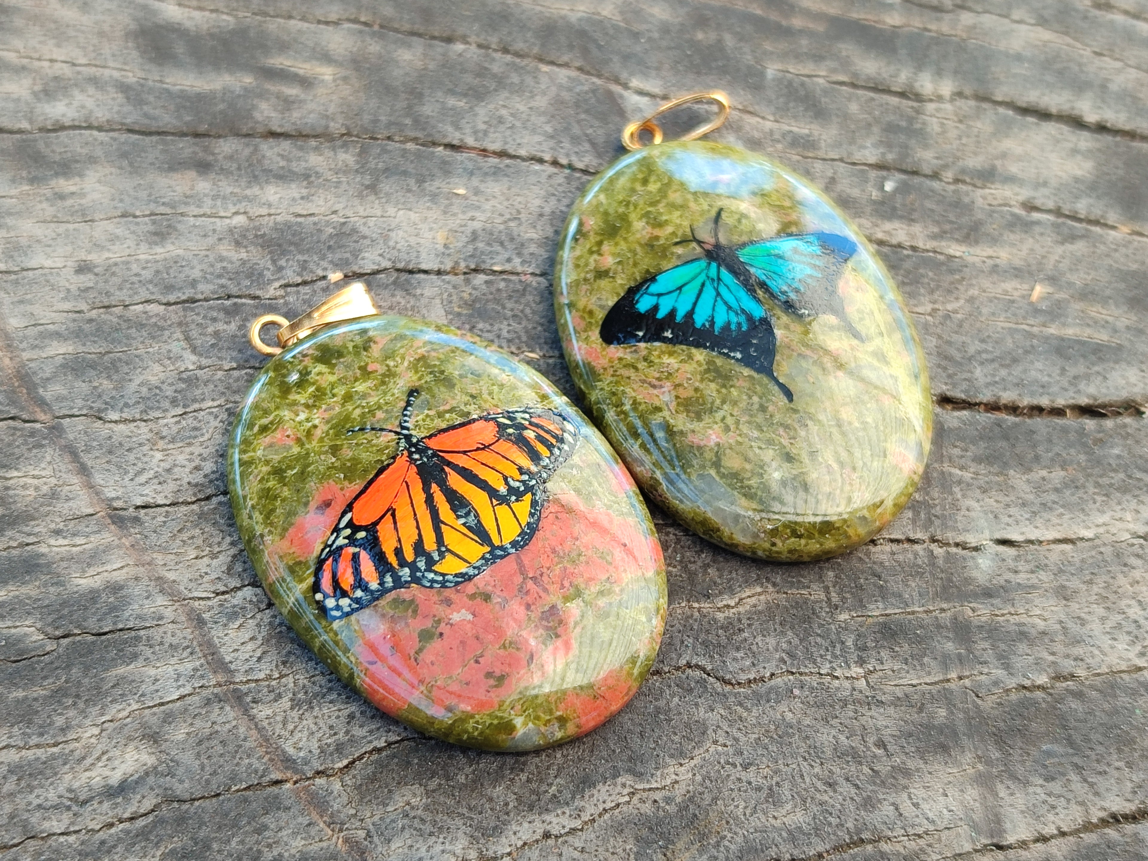 Polished Unakite Pendant with Hand Painted Butterfly - Sold Per Item - From South Africa - Toprock Gemstones and Minerals 