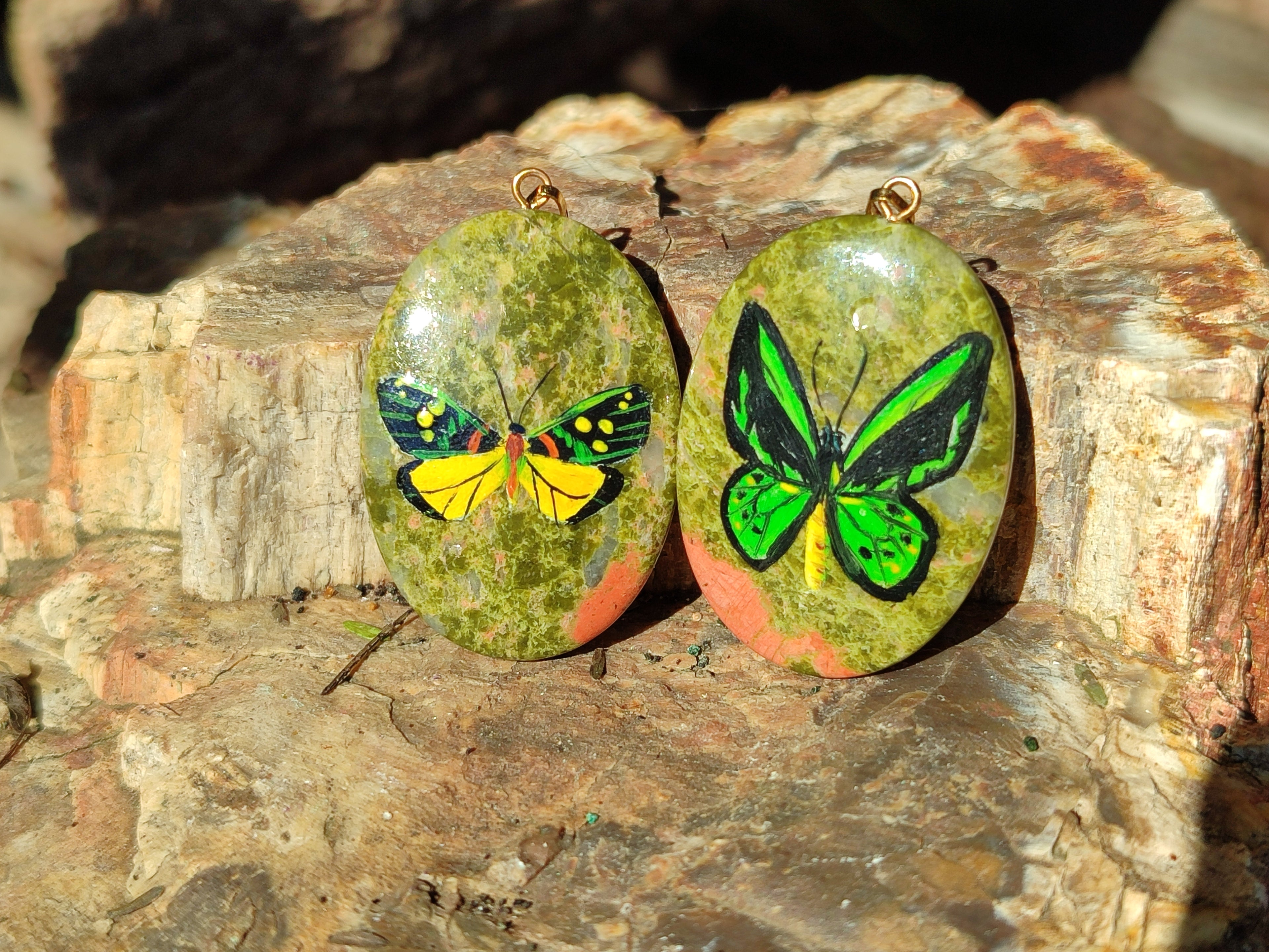 Polished Unakite Pendant with Hand Painted Butterfly - Sold Per Item - From South Africa - Toprock Gemstones and Minerals 