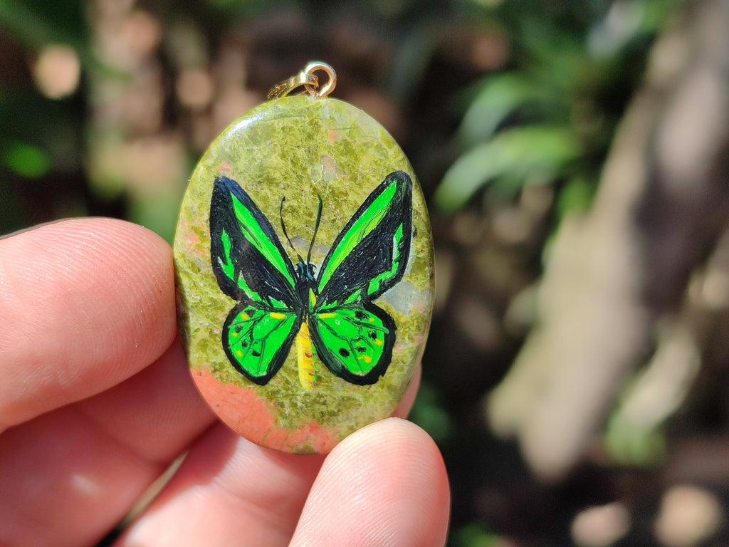 Polished Unakite Pendant with Hand Painted Butterfly - Sold Per Item - From South Africa - Toprock Gemstones and Minerals 