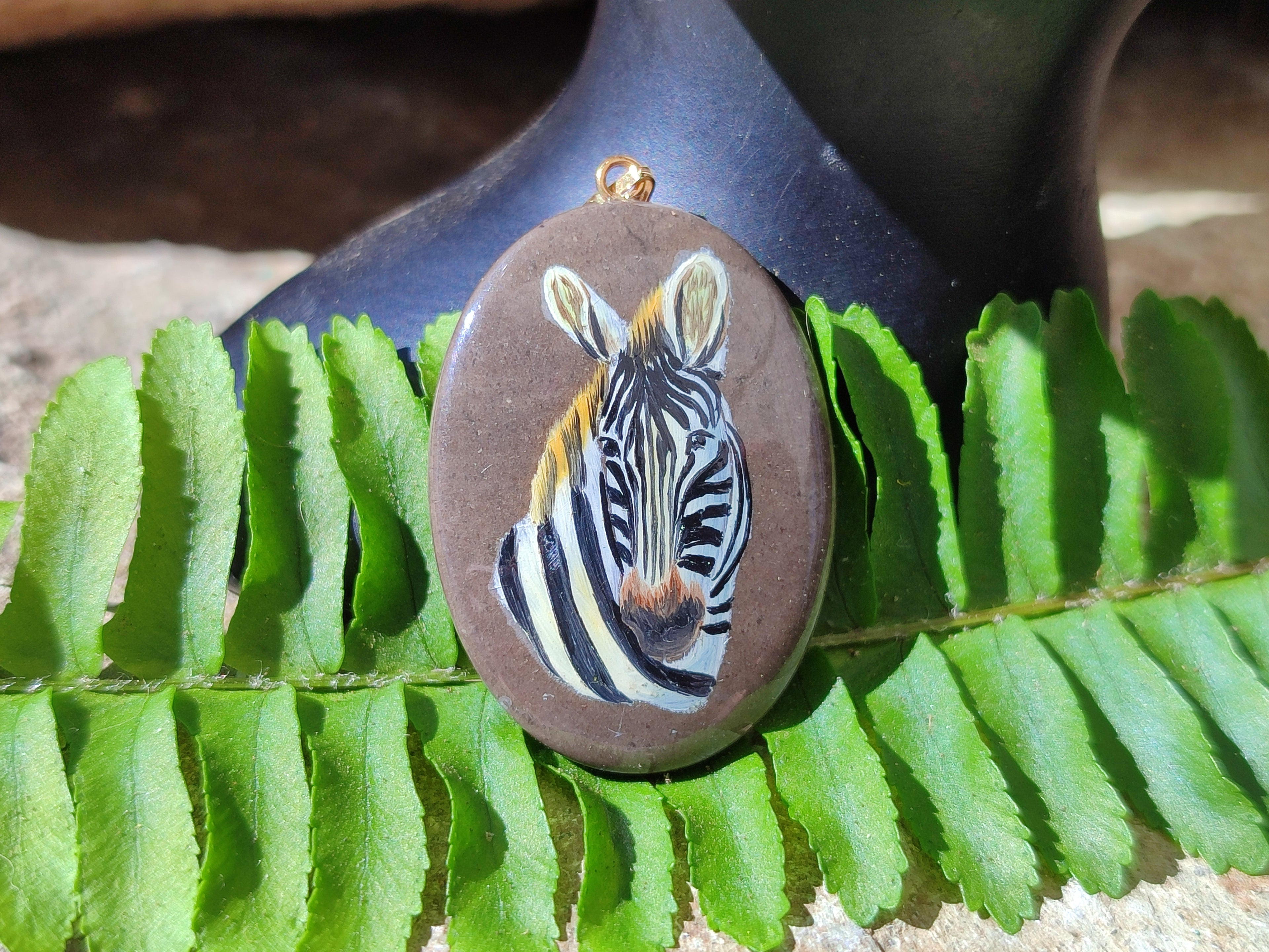 Polished Polychrome Jasper Pendant with Hand Painted Zebra - Sold Per Item - From Madagascar - Toprock Gemstones and Minerals 