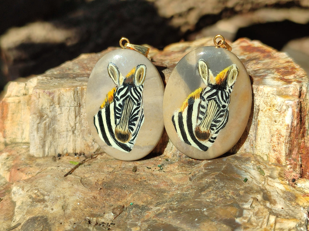 Polished Polychrome Jasper Pendant with Hand Painted Zebra - Sold Per Item - From Madagascar - Toprock Gemstones and Minerals 