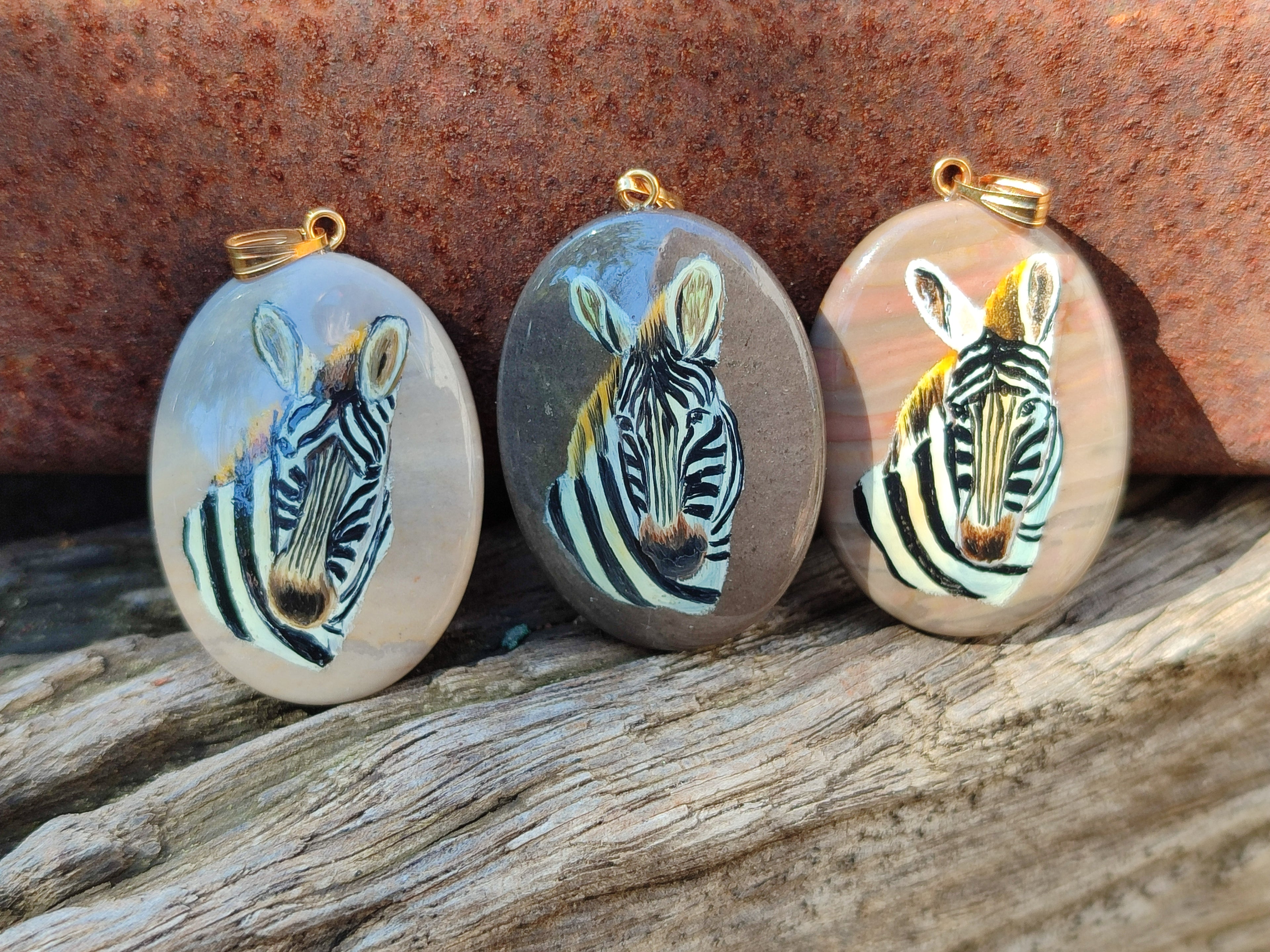 Polished Polychrome Jasper Pendant with Hand Painted Zebra - Sold Per Item - From Madagascar - Toprock Gemstones and Minerals 
