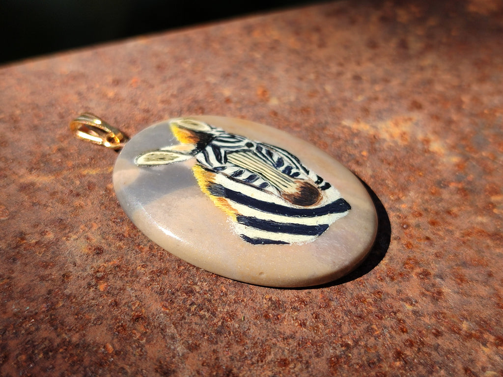 Polished Polychrome Jasper Pendant with Hand Painted Zebra - Sold Per Item - From Madagascar - Toprock Gemstones and Minerals 