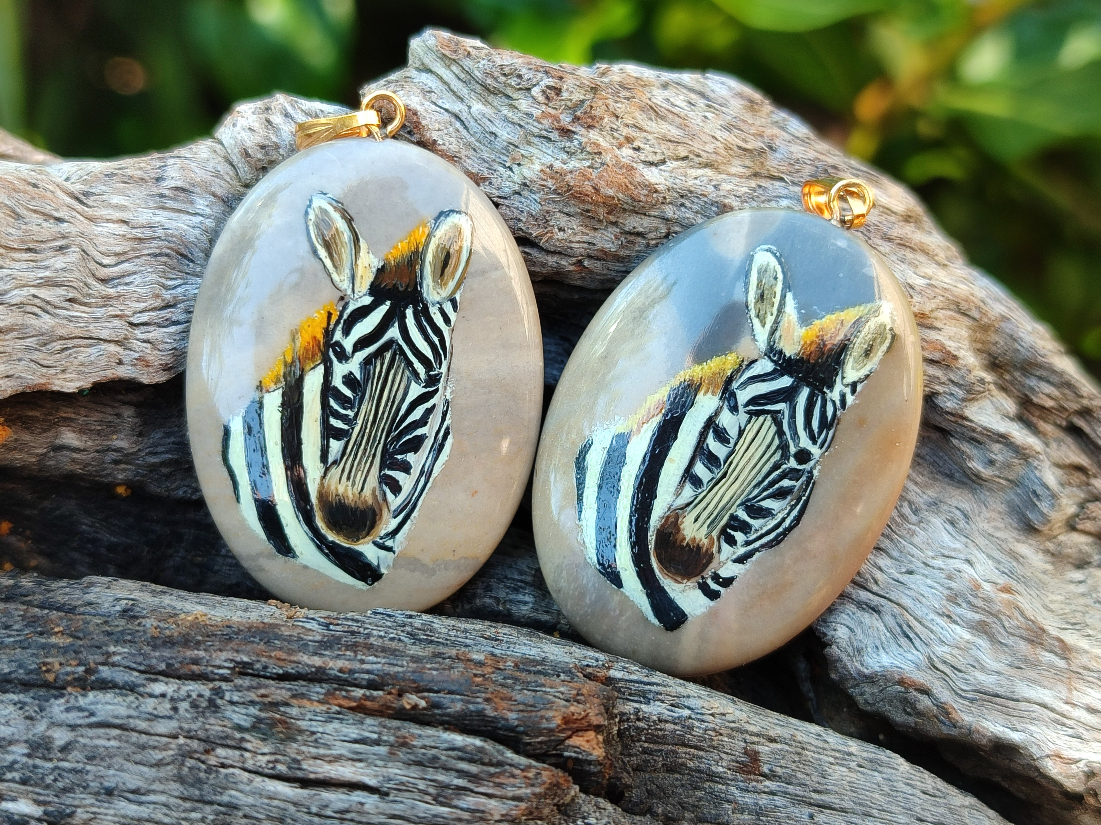 Polished Polychrome Jasper Pendant with Hand Painted Zebra - Sold Per Item - From Madagascar - Toprock Gemstones and Minerals 