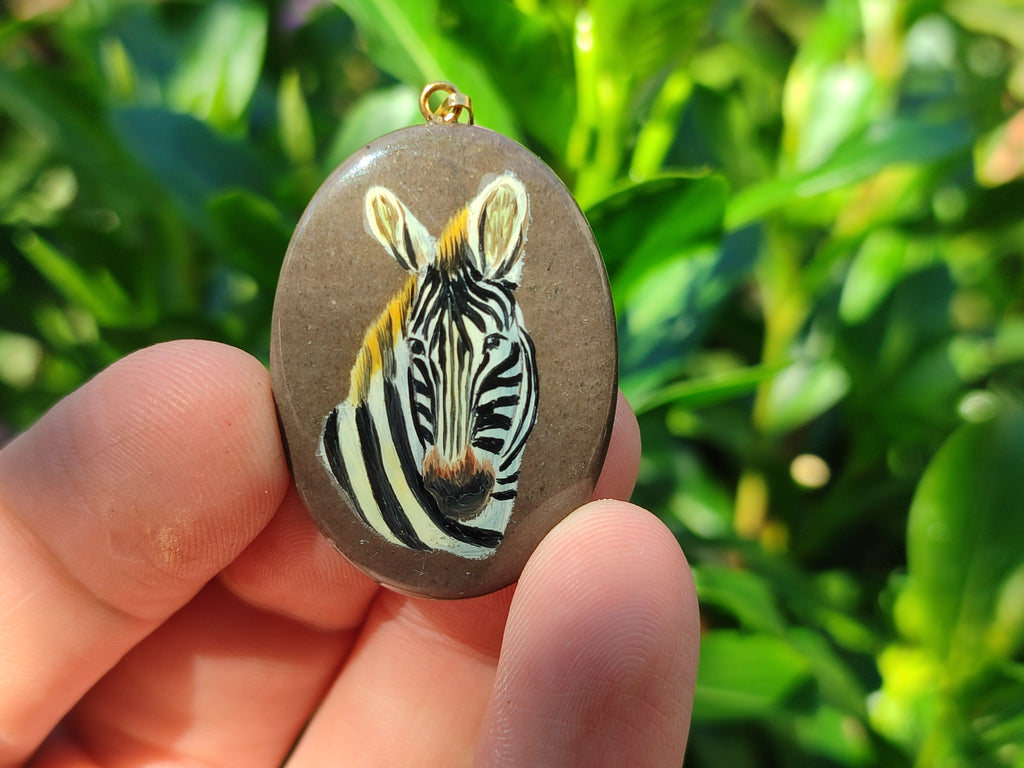 Polished Polychrome Jasper Pendant with Hand Painted Zebra - Sold Per Item - From Madagascar - Toprock Gemstones and Minerals 