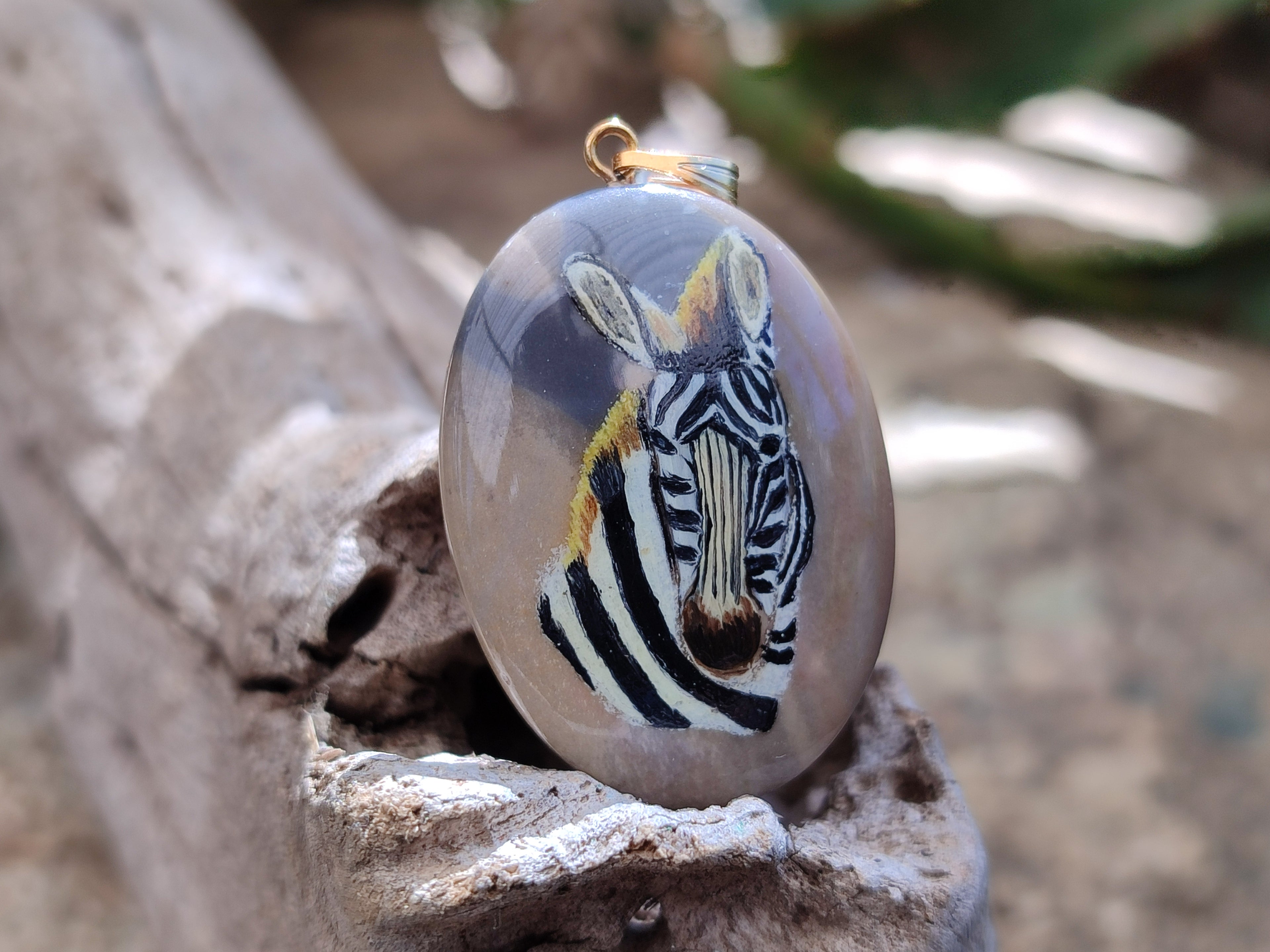 Polished Polychrome Jasper Pendant with Hand Painted Zebra - Sold Per Item - From Madagascar - Toprock Gemstones and Minerals 