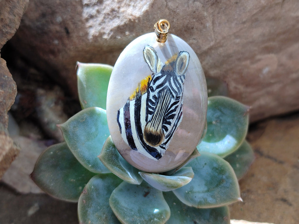 Polished Polychrome Jasper Pendant with Hand Painted Zebra - Sold Per Item - From Madagascar - Toprock Gemstones and Minerals 
