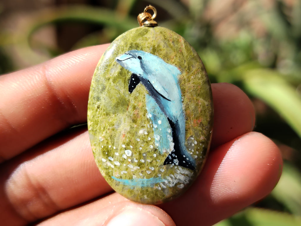 Polished Unakite Pendant with Hand Painted Dolphins - Sold Per Item - From South Africa - Toprock Gemstones and Minerals 