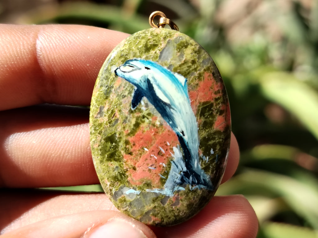 Polished Unakite Pendant with Hand Painted Dolphins - Sold Per Item - From South Africa - Toprock Gemstones and Minerals 