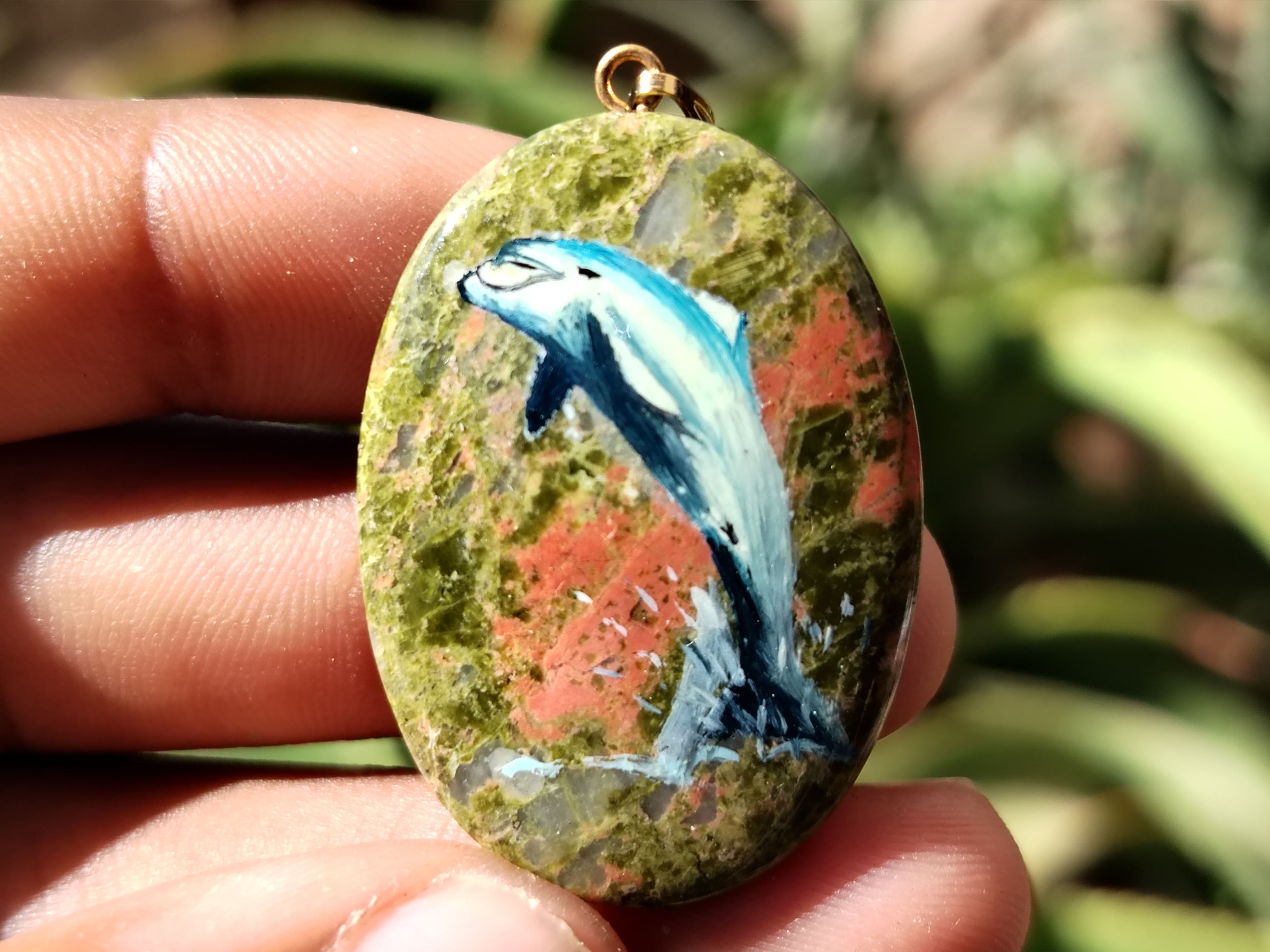 Polished Unakite Pendant with Hand Painted Dolphins - Sold Per Item - From South Africa - Toprock Gemstones and Minerals 