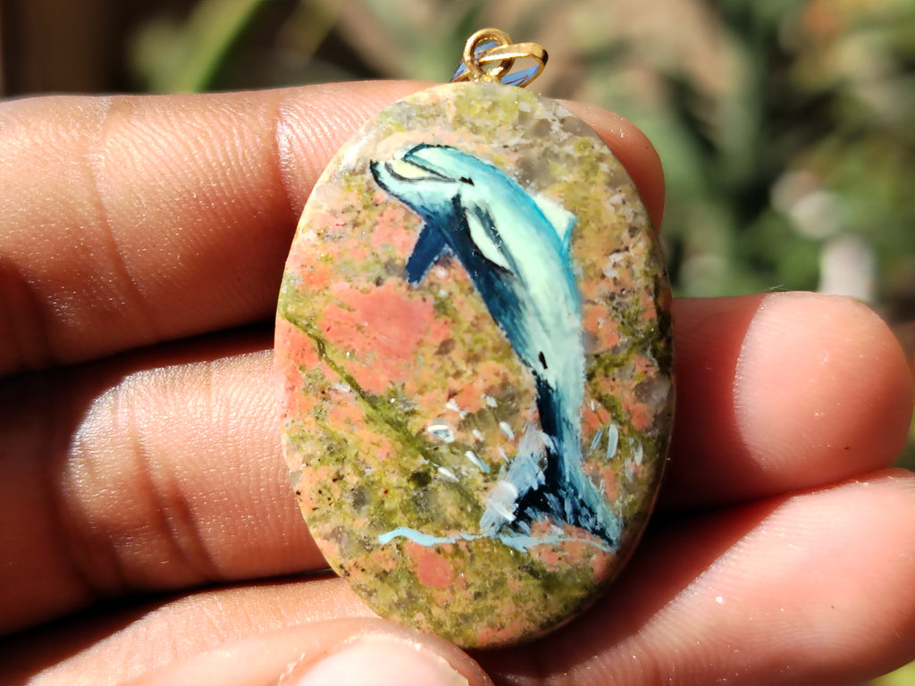 Polished Unakite Pendant with Hand Painted Dolphins - Sold Per Item - From South Africa - Toprock Gemstones and Minerals 