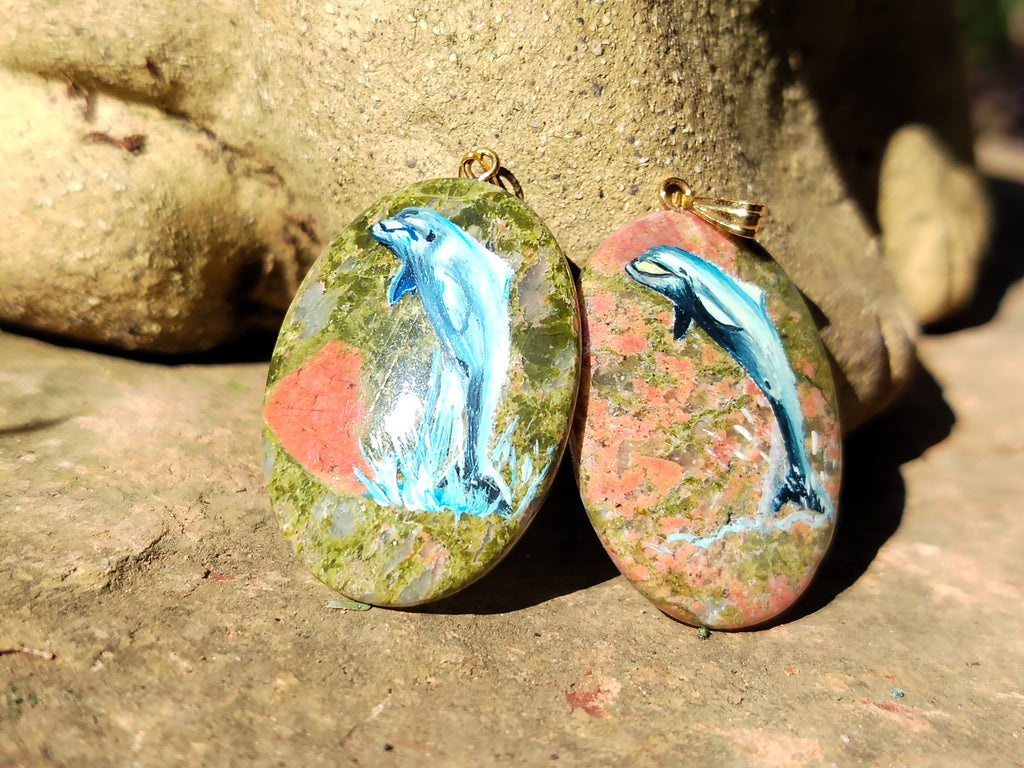 Polished Unakite Pendant with Hand Painted Dolphins - Sold Per Item - From South Africa - Toprock Gemstones and Minerals 