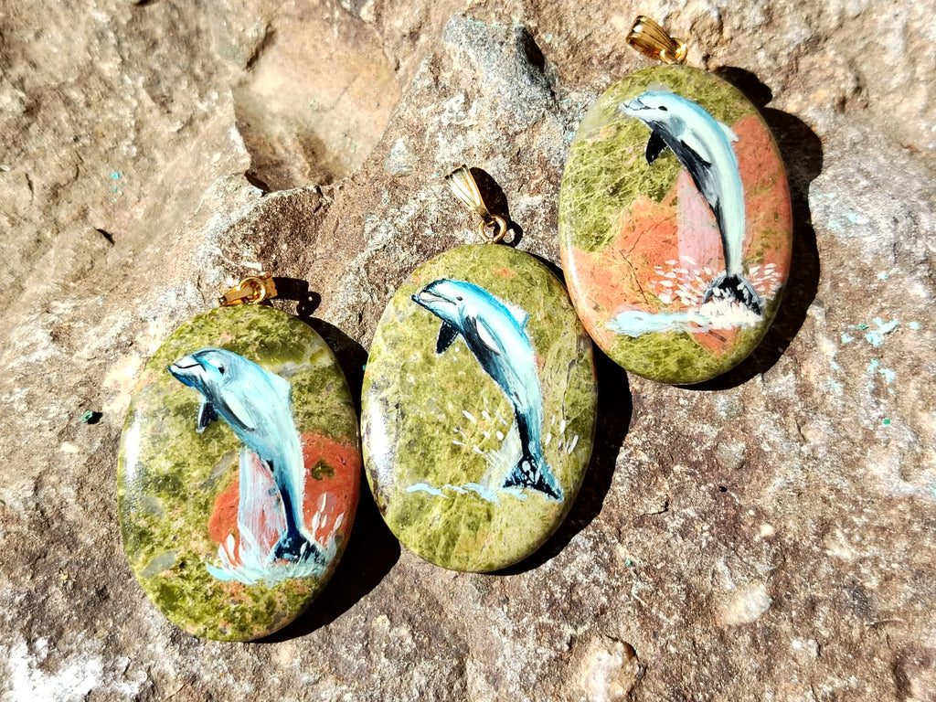 Polished Unakite Pendant with Hand Painted Dolphins - Sold Per Item - From South Africa - Toprock Gemstones and Minerals 