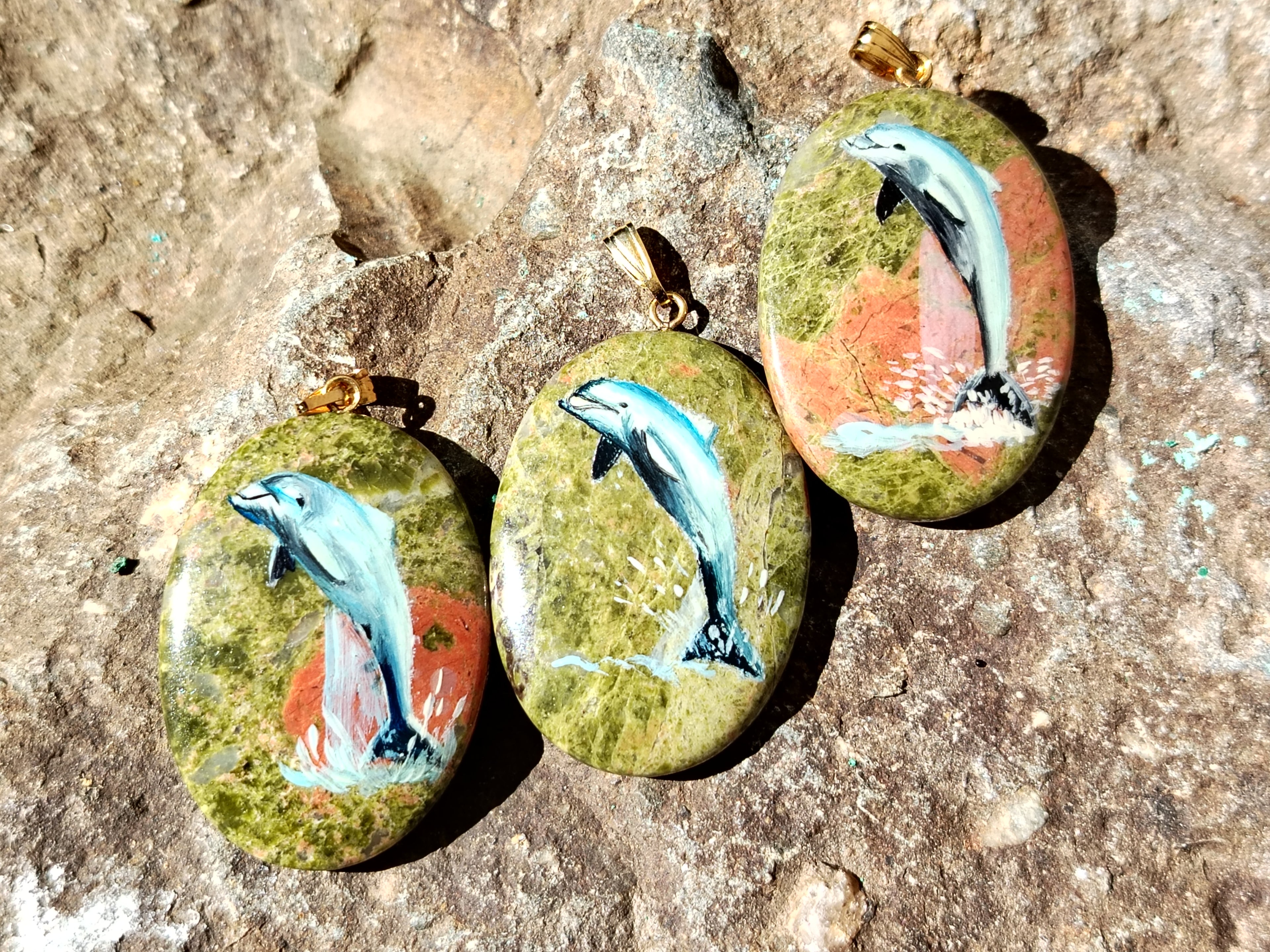 Polished Unakite Pendant with Hand Painted Dolphins - Sold Per Item - From South Africa - Toprock Gemstones and Minerals 