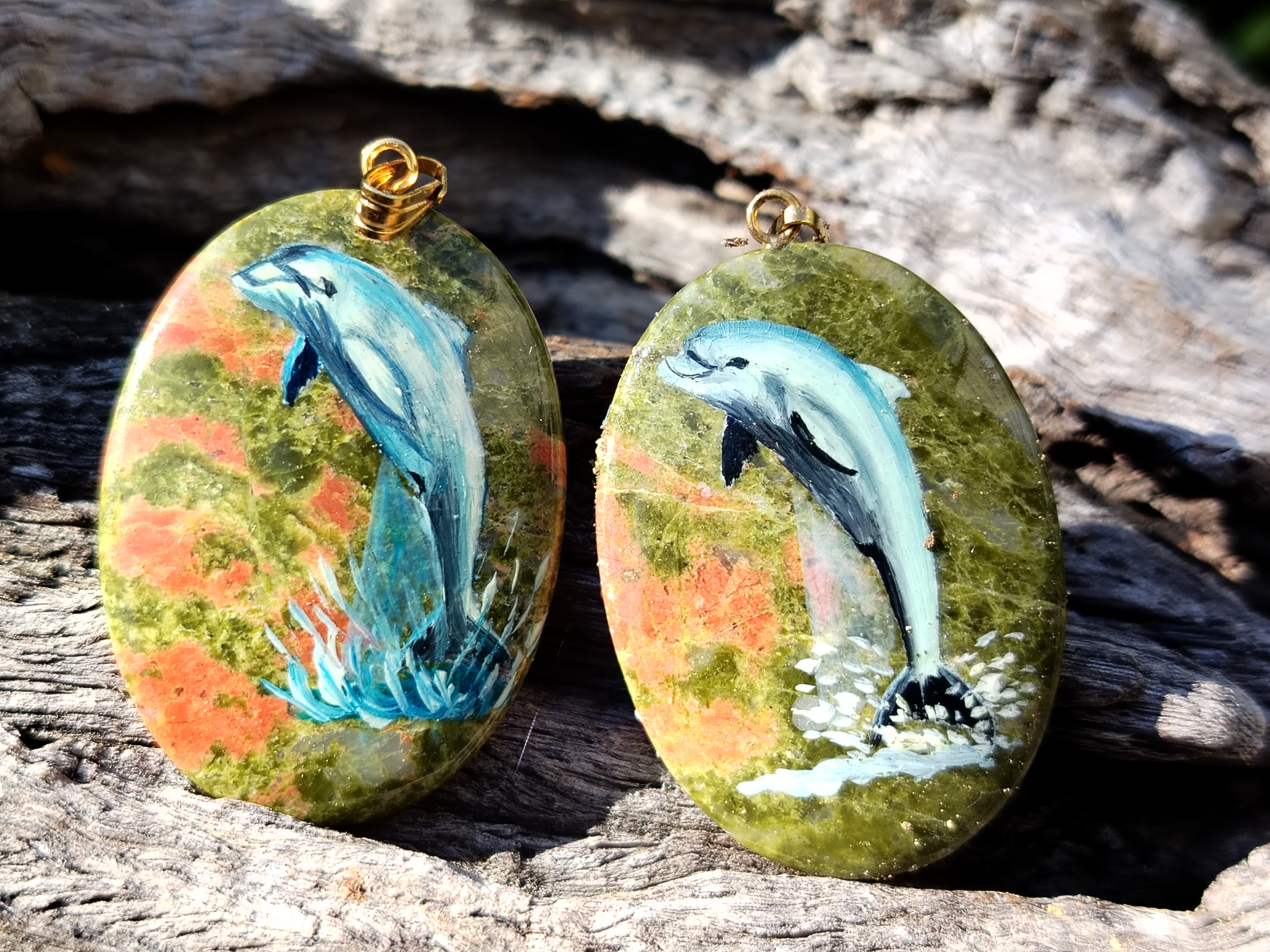 Polished Unakite Pendant with Hand Painted Dolphins - Sold Per Item - From South Africa - Toprock Gemstones and Minerals 