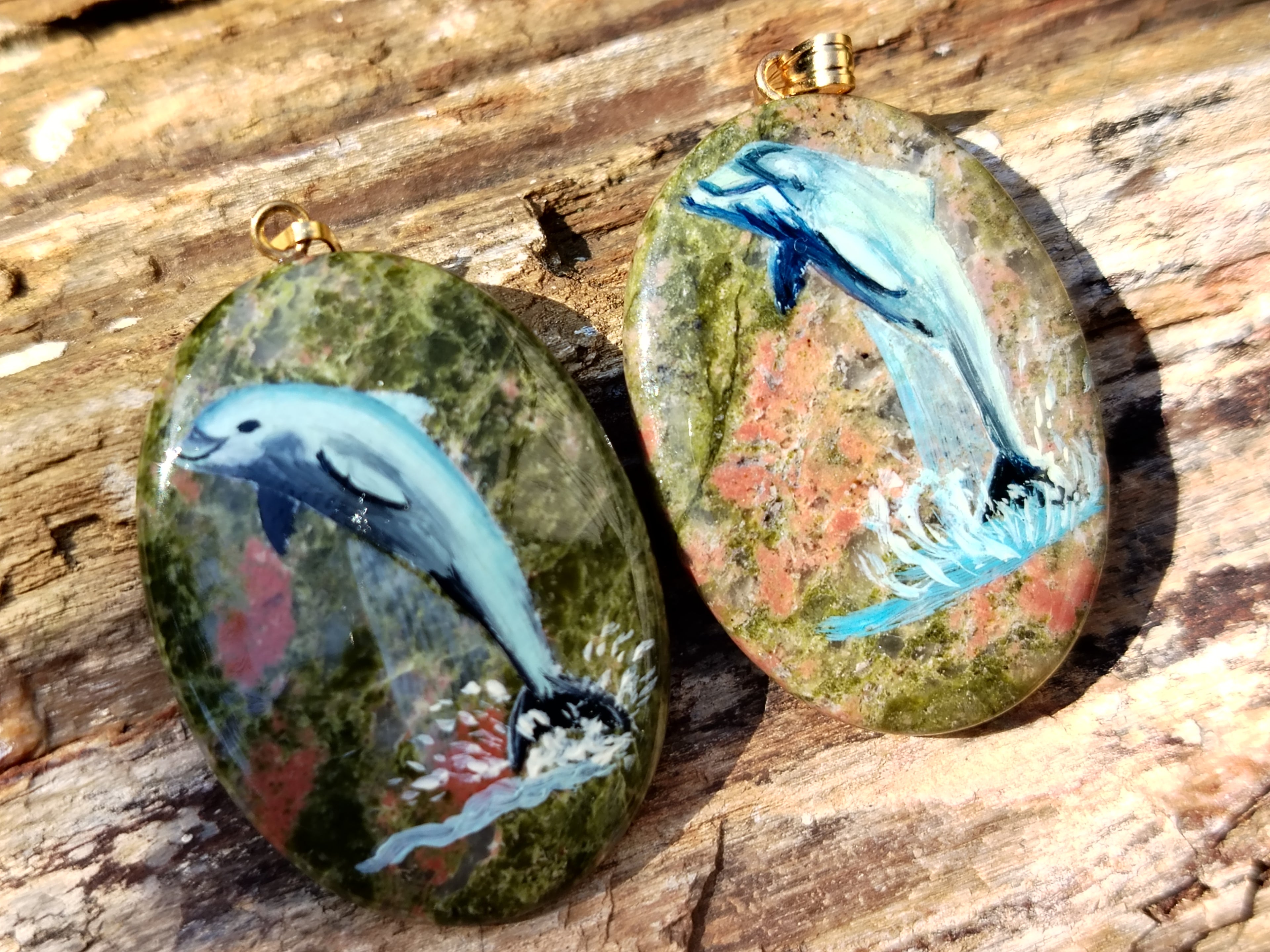 Polished Unakite Pendant with Hand Painted Dolphins - Sold Per Item - From South Africa - Toprock Gemstones and Minerals 