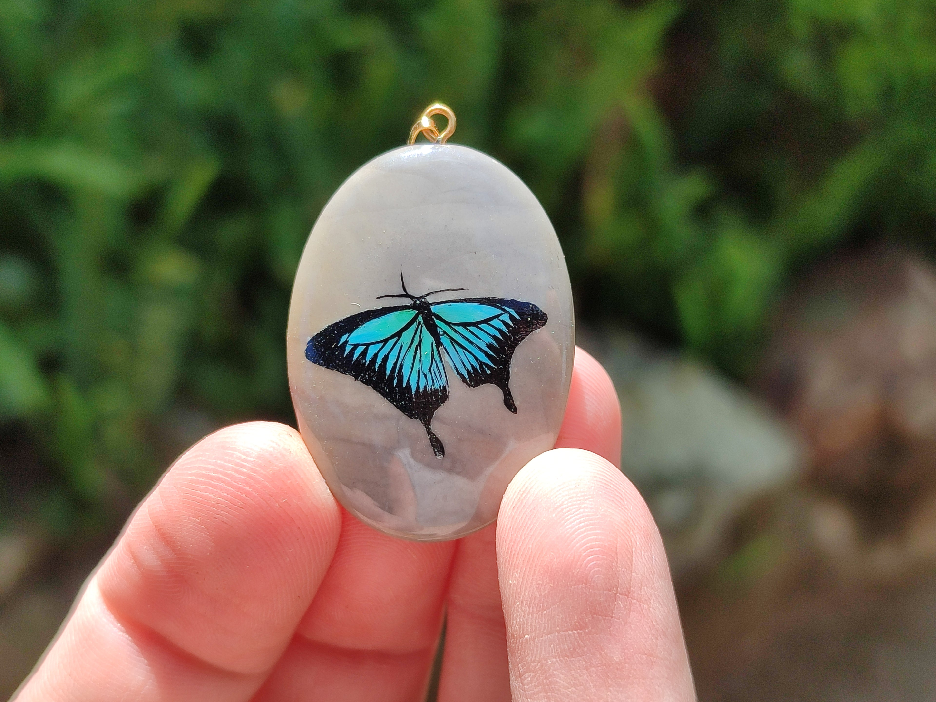 Polished Polychrome Jasper Pendant with Hand Painted Butterflies - sold per item - From Madagascar - Toprock Gemstones and Minerals 