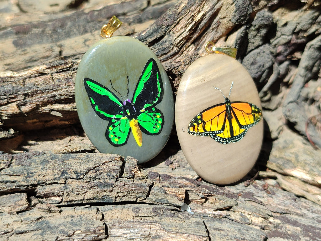 Polished Polychrome Jasper Pendant with Hand Painted Butterflies - sold per item - From Madagascar - Toprock Gemstones and Minerals 