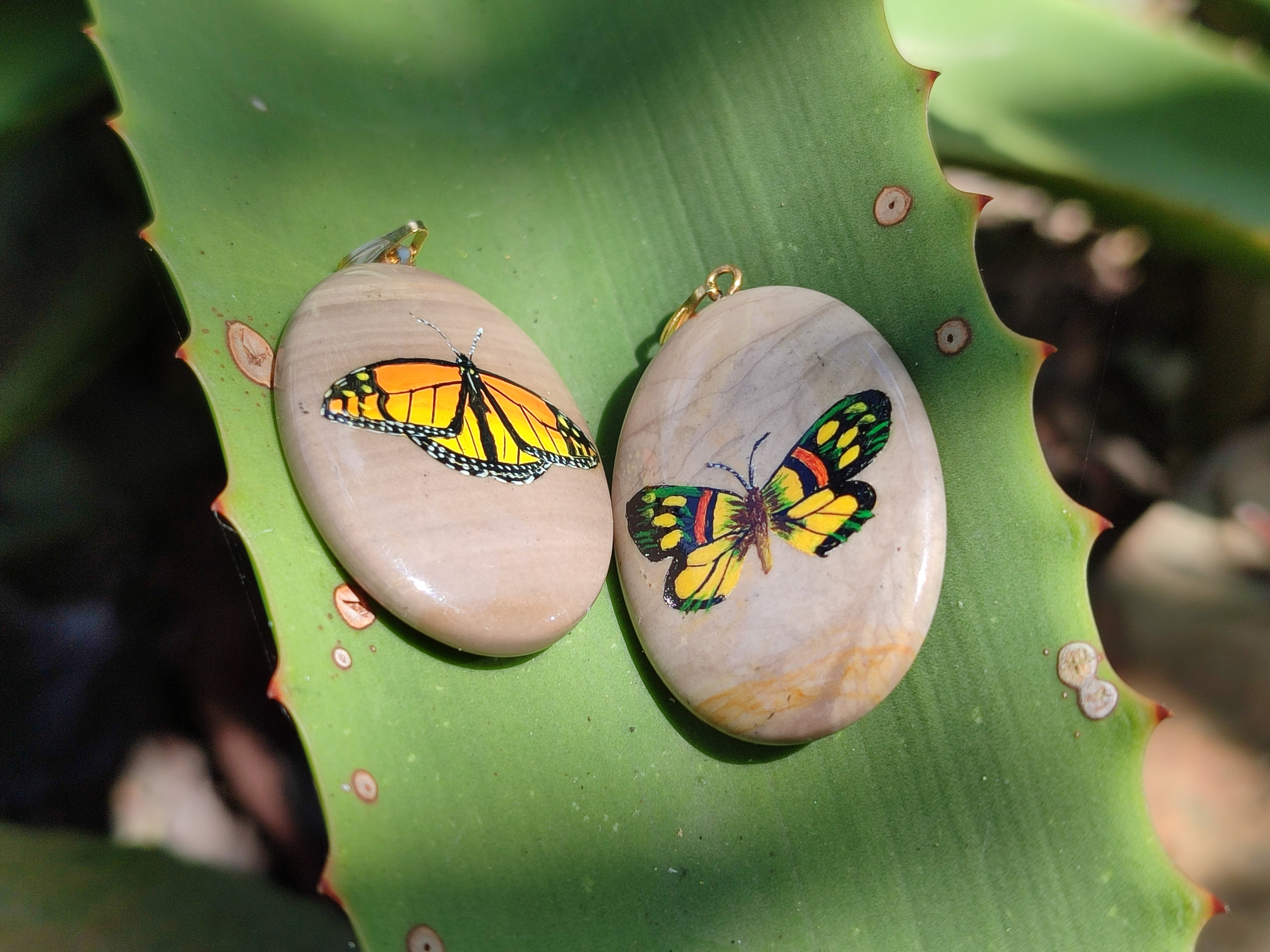 Polished Polychrome Jasper Pendant with Hand Painted Butterflies - sold per item - From Madagascar - Toprock Gemstones and Minerals 