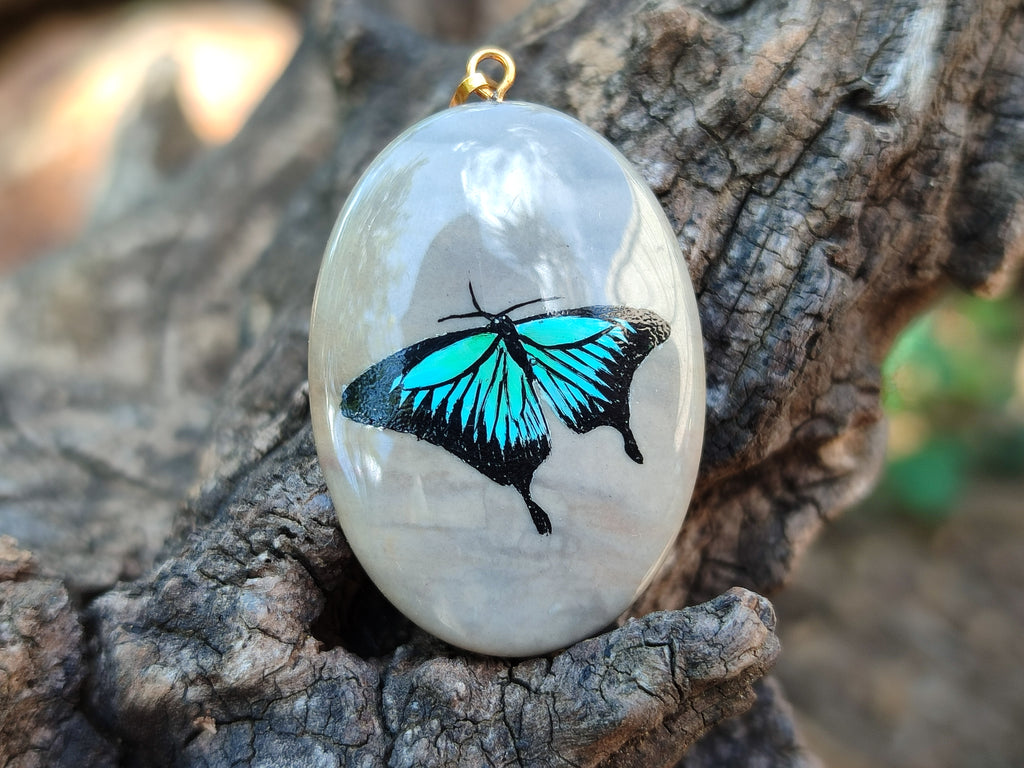Polished Polychrome Jasper Pendant with Hand Painted Butterflies - sold per item - From Madagascar - Toprock Gemstones and Minerals 