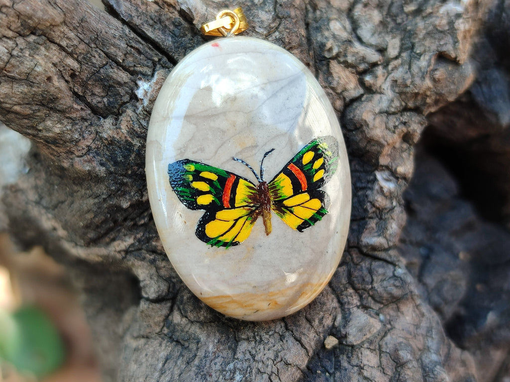Polished Polychrome Jasper Pendant with Hand Painted Butterflies - sold per item - From Madagascar - Toprock Gemstones and Minerals 