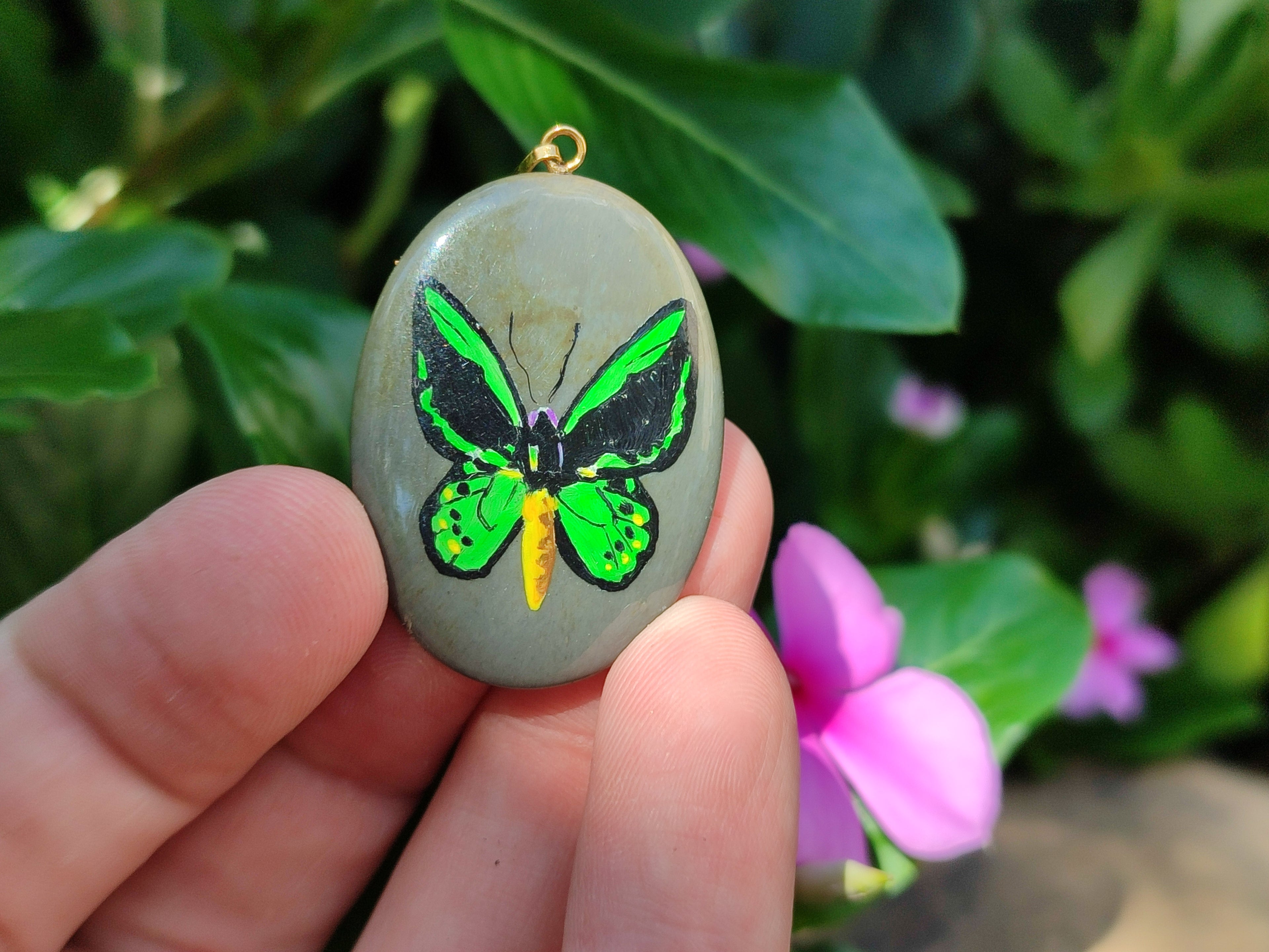 Polished Polychrome Jasper Pendant with Hand Painted Butterflies - sold per item - From Madagascar - Toprock Gemstones and Minerals 