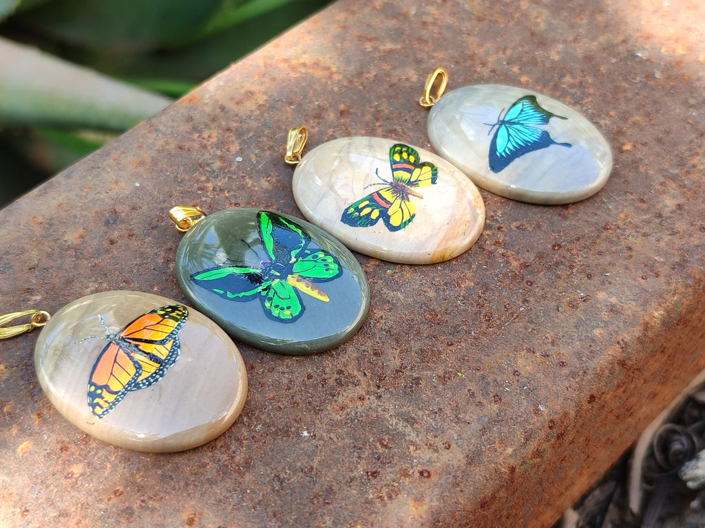 Polished Polychrome Jasper Pendant with Hand Painted Butterflies - sold per item - From Madagascar - Toprock Gemstones and Minerals 