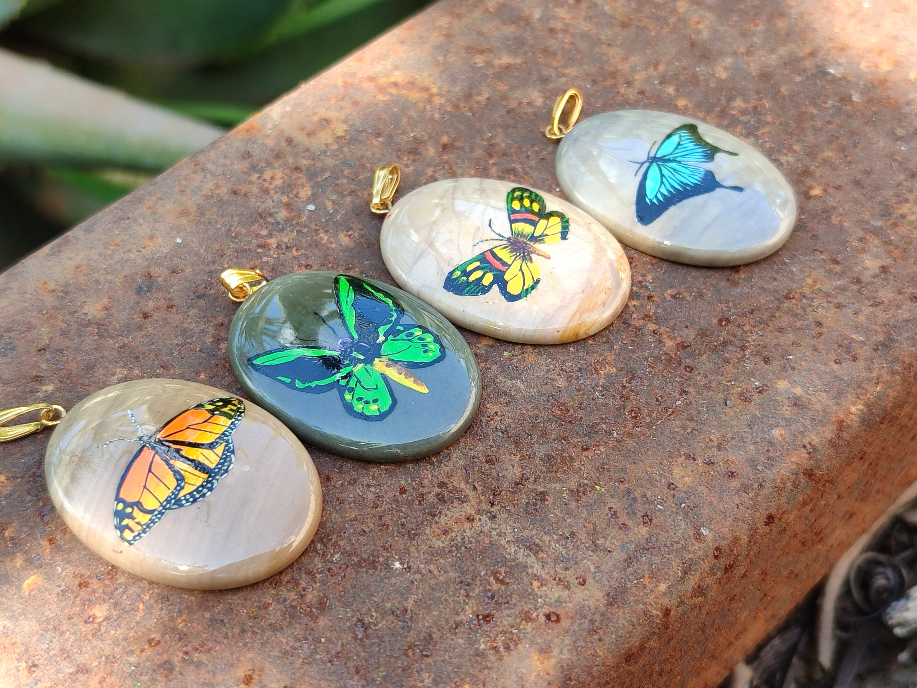 Polished Polychrome Jasper Pendant with Hand Painted Butterflies - sold per item - From Madagascar - Toprock Gemstones and Minerals 