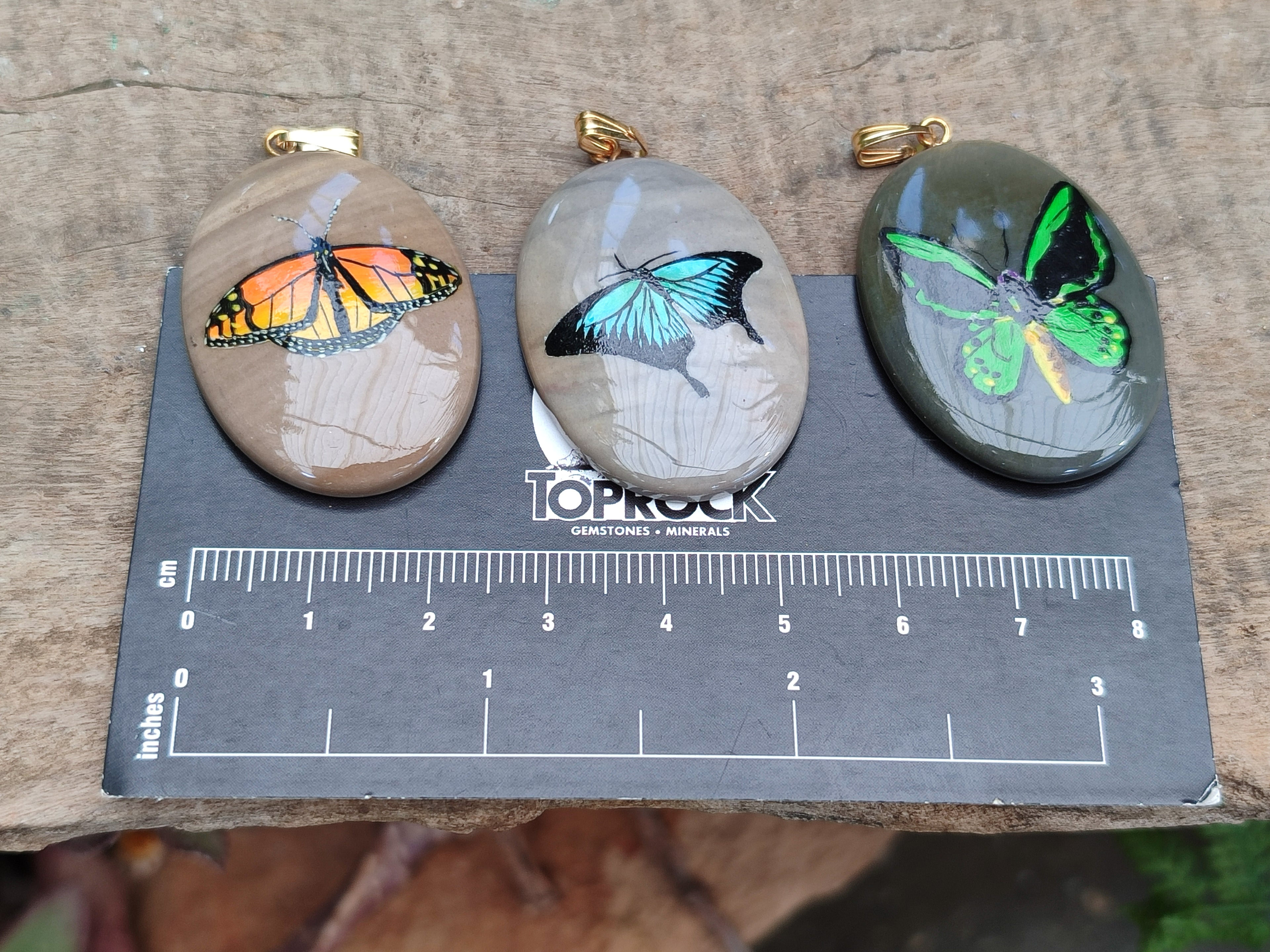 Polished Polychrome Jasper Pendant with Hand Painted Butterflies - sold per item - From Madagascar - Toprock Gemstones and Minerals 