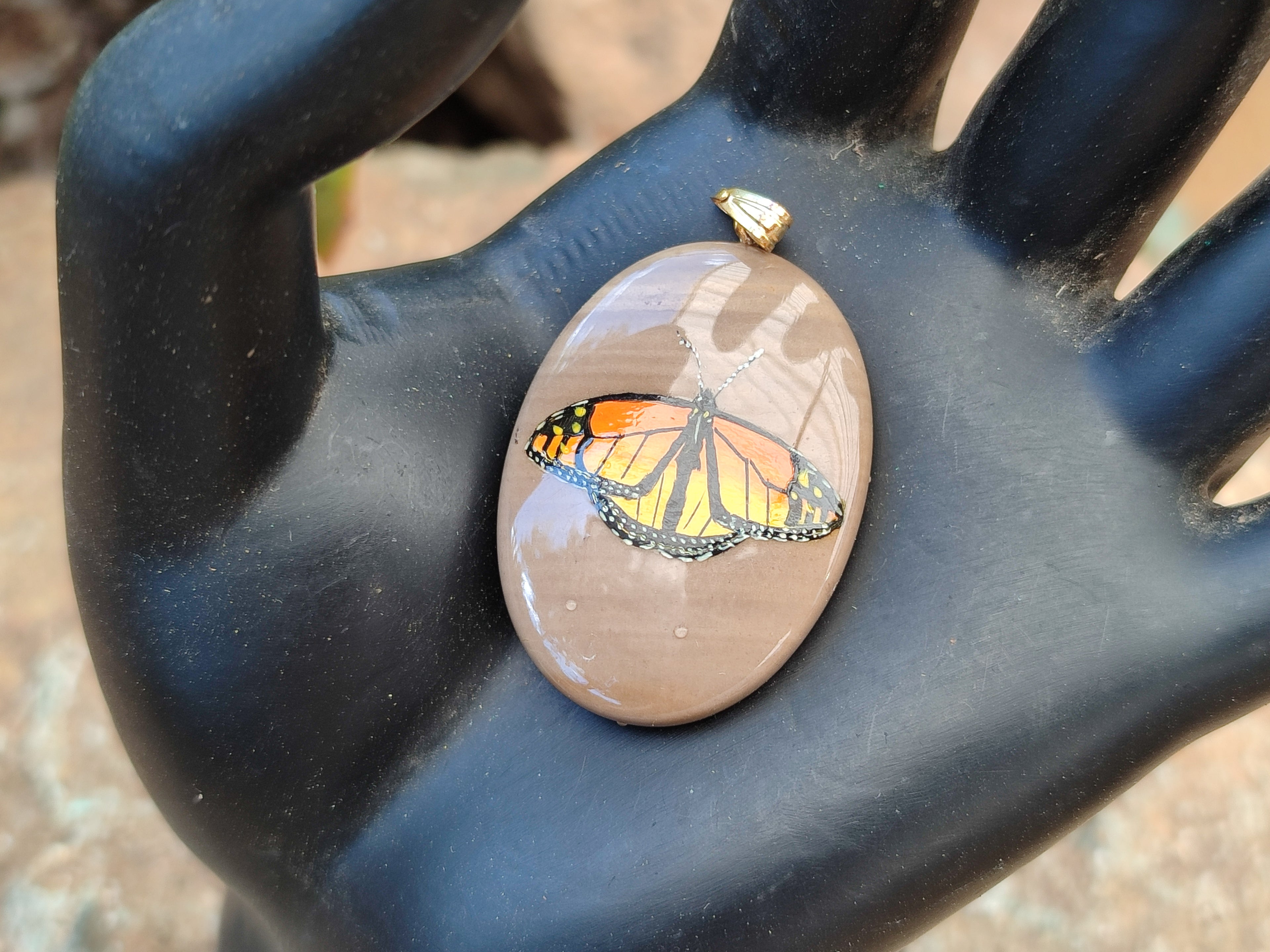 Polished Polychrome Jasper Pendant with Hand Painted Butterflies - sold per item - From Madagascar - Toprock Gemstones and Minerals 