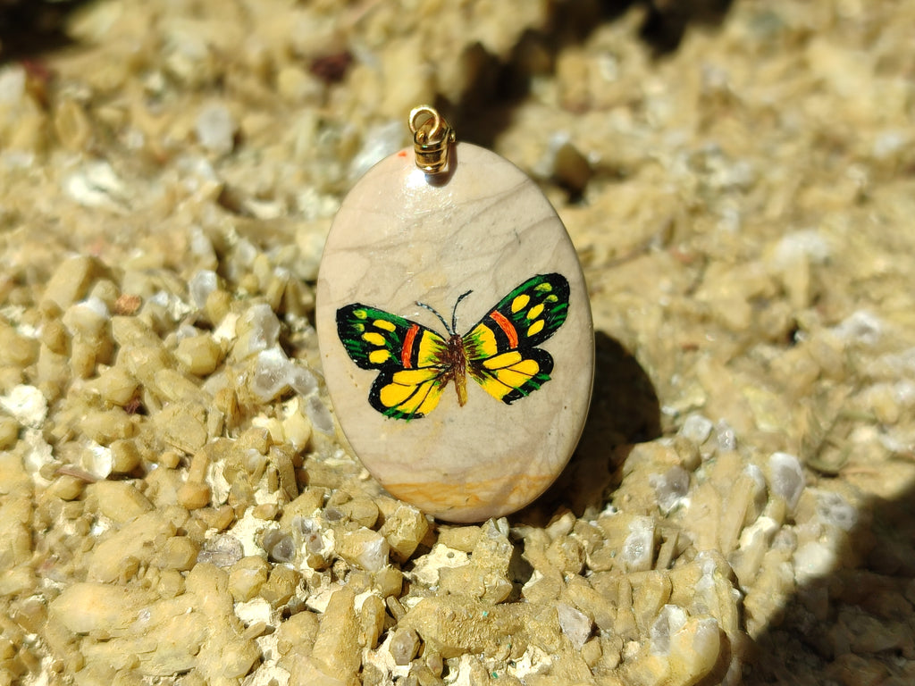 Polished Polychrome Jasper Pendant with Hand Painted Butterflies - sold per item - From Madagascar - Toprock Gemstones and Minerals 