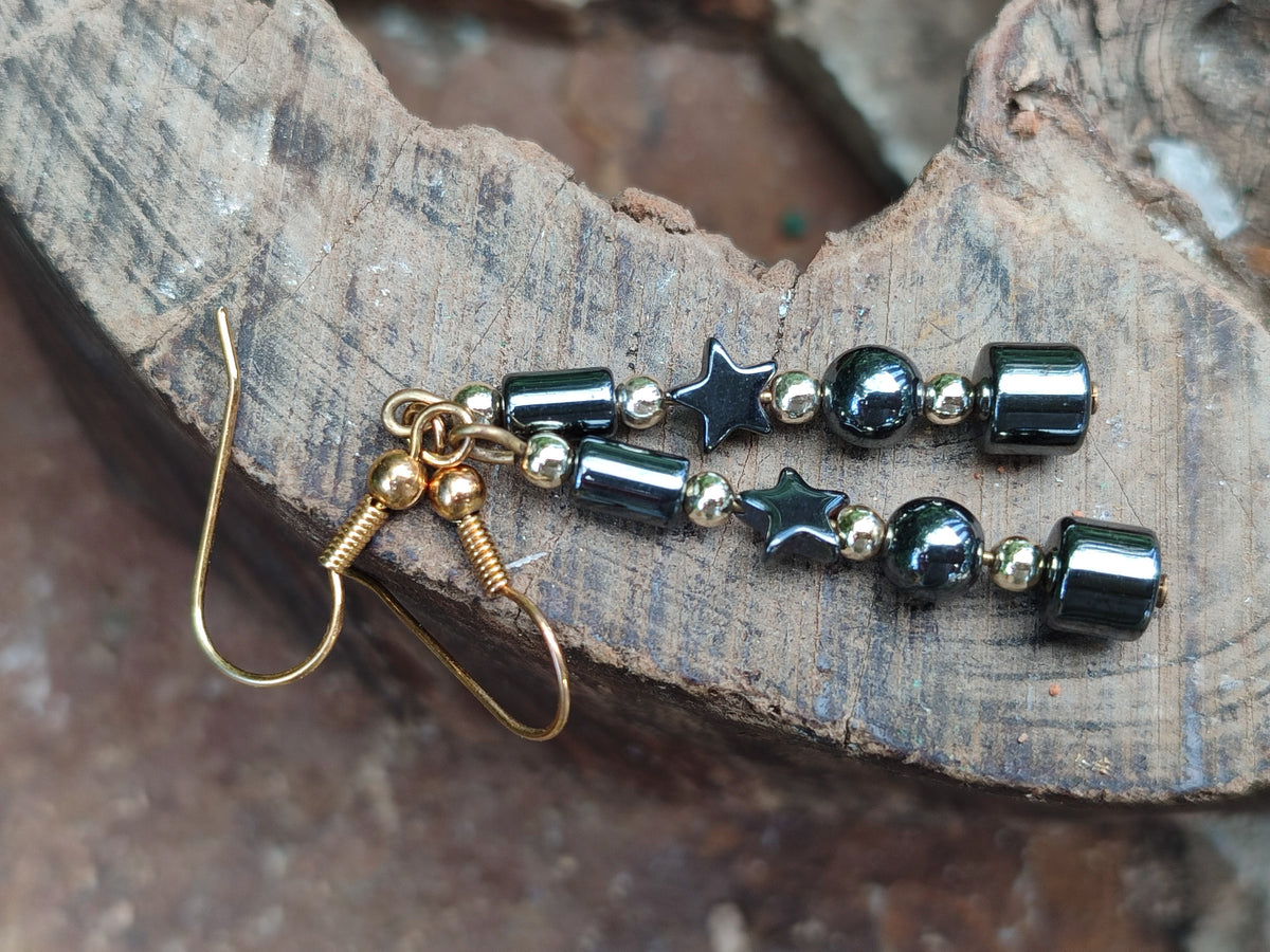 Hand Made Pair of Hematite Ball and Star Earrings - Sold Per Pair - From China - Toprock Gemstones and Minerals 