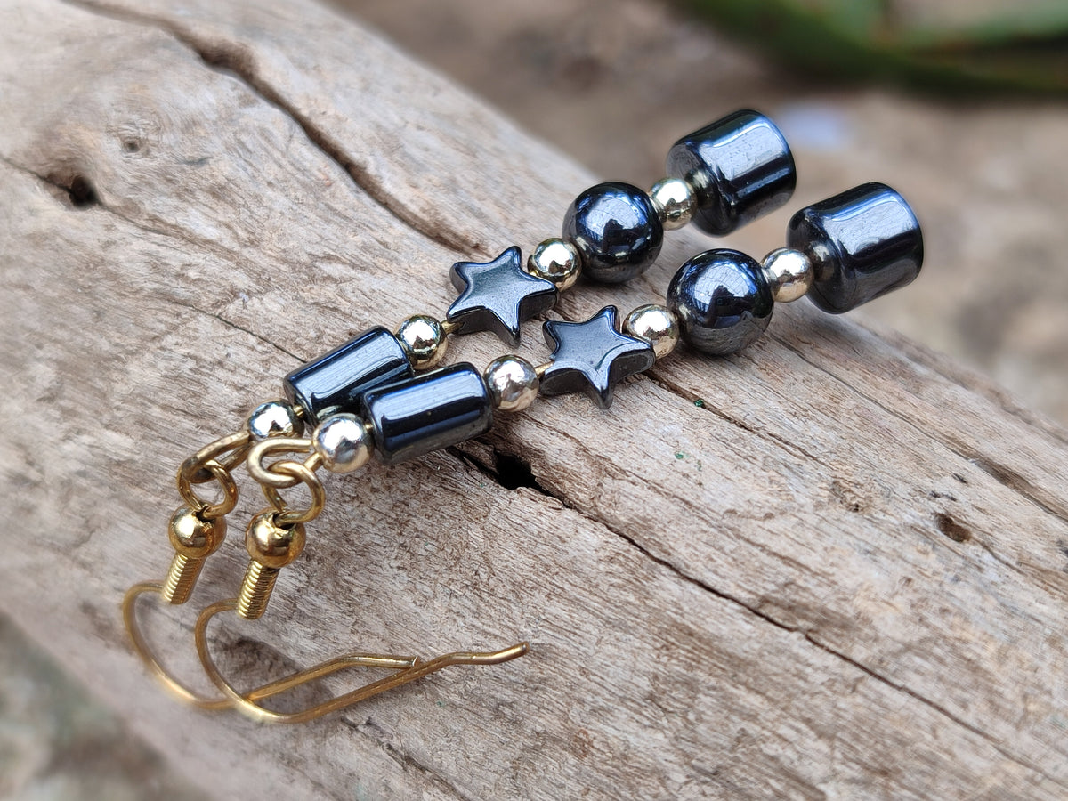 Hand Made Pair of Hematite Ball and Star Earrings - Sold Per Pair - From China - Toprock Gemstones and Minerals 