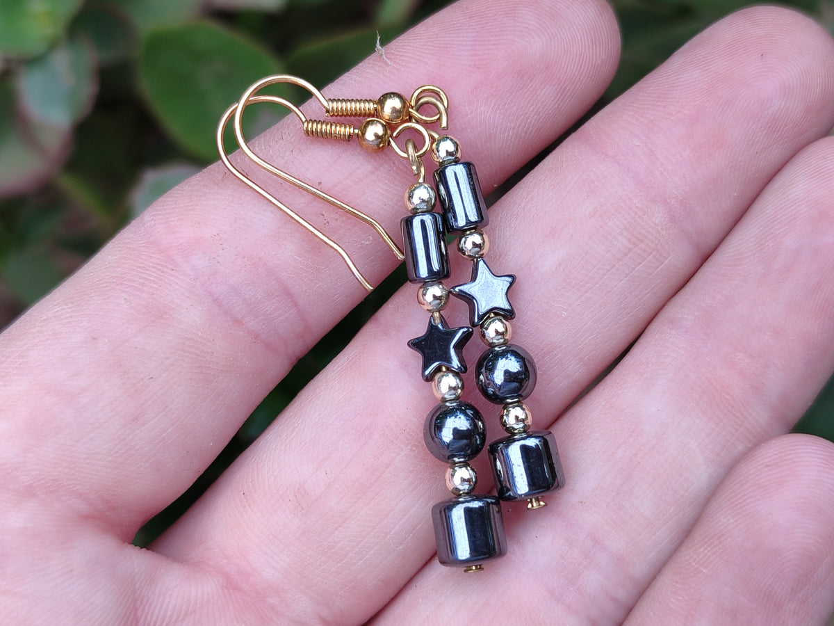 Hand Made Pair of Hematite Ball and Star Earrings - Sold Per Pair - From China - Toprock Gemstones and Minerals 