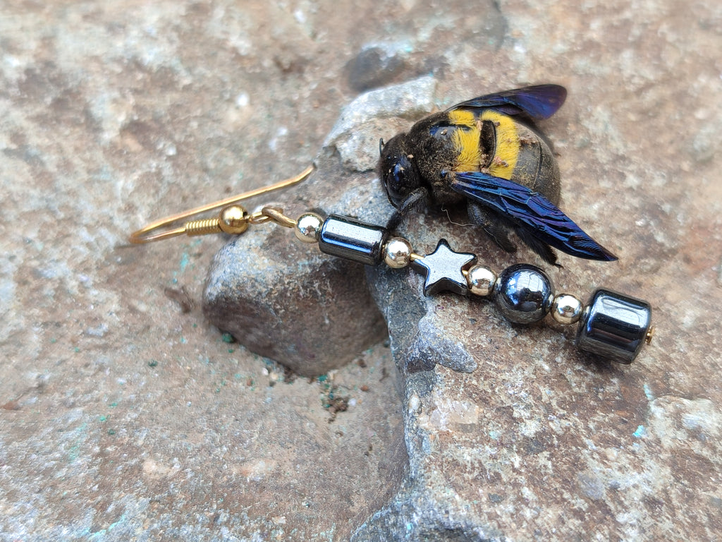 Hand Made Pair of Hematite Ball and Star Earrings - Sold Per Pair - From China - Toprock Gemstones and Minerals 