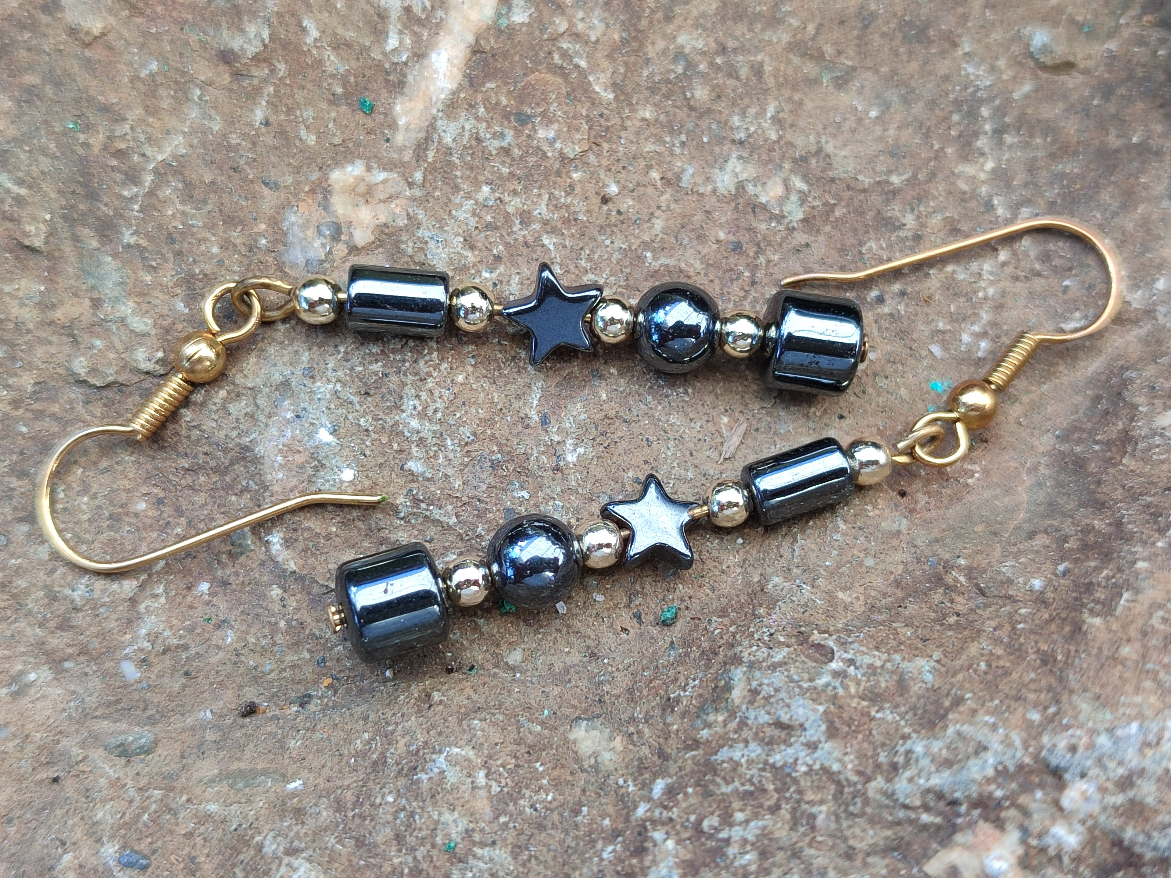 Hand Made Pair of Hematite Ball and Star Earrings - Sold Per Pair - From China - Toprock Gemstones and Minerals 